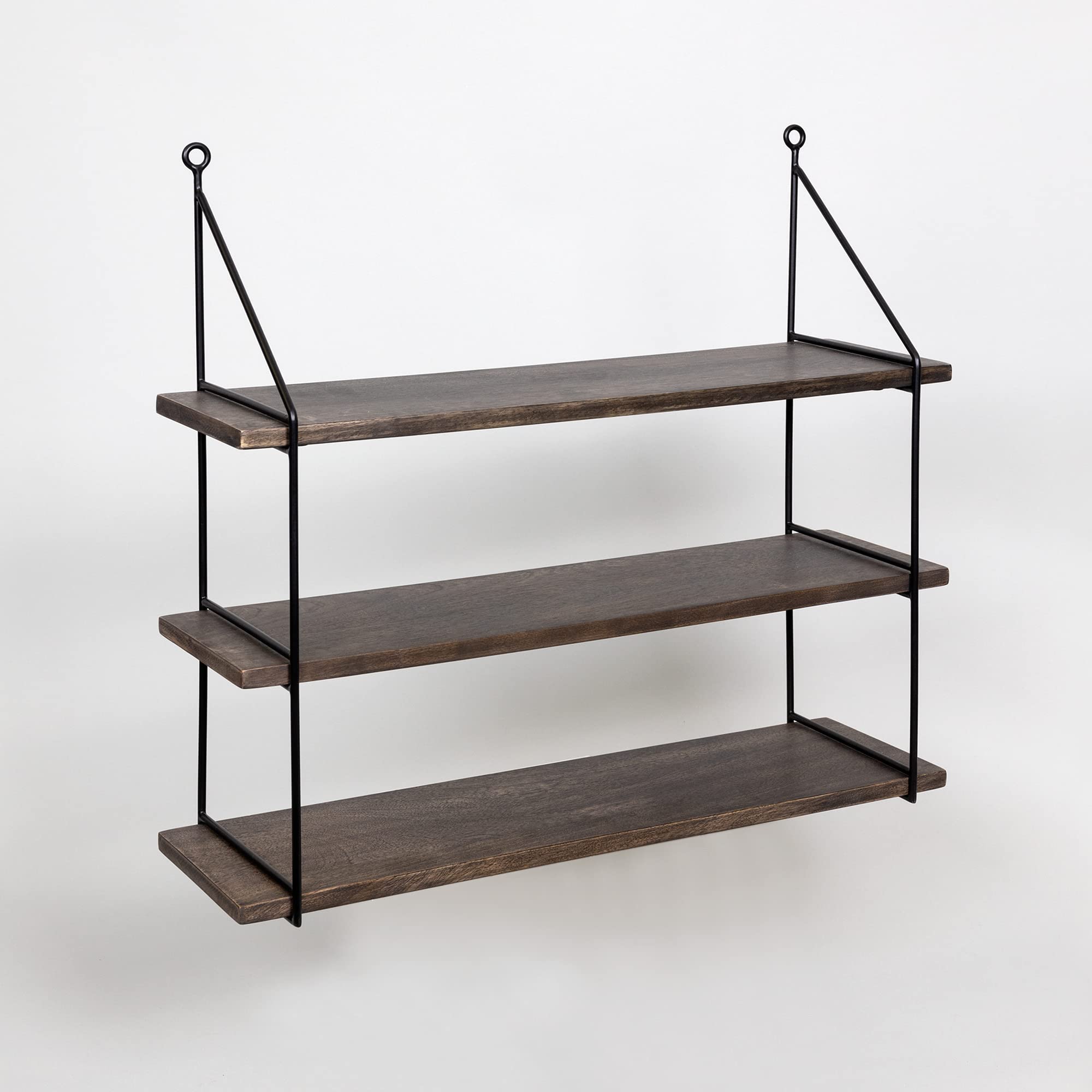 Stratton Home Decor 3-Tier Mango Wood & Metal Wall Shelf - Rustic Dark Natural Wood Floating Shelves for Living Room, Bathroom & Kitchen Storage | Space-Saving Organizer for Books, Plants & Decor