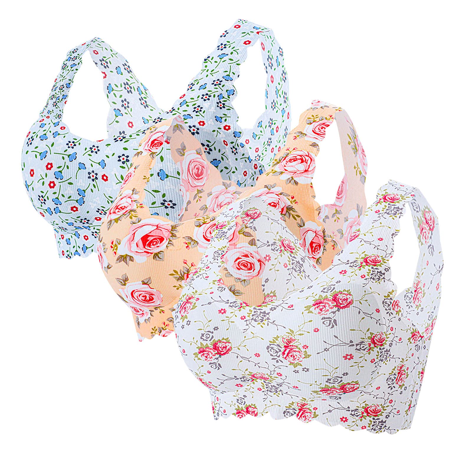 Plus Size Bras for Women - 3 Pack Sexy Floral Printed Wireless Comfort Bras, Soft Ice Silk Fabric, Supportive Everyday Underwear | Perfect for Work, Lounge & Sleep