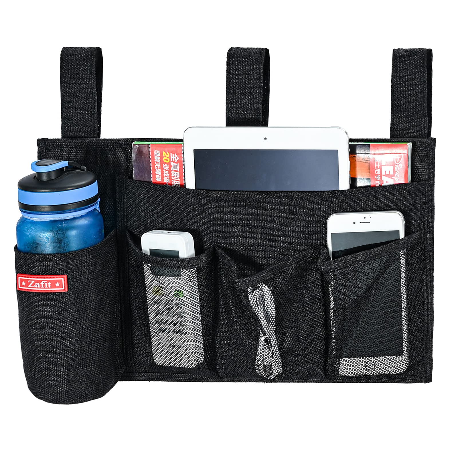 Linen Bedside Caddy with 5 Pockets - Black Bedside Storage Organizer for Hospital Beds, College Dorm Rooms & Baby Cribs | Perfect for Holding Books, Phones, Remote Controls & Essentials