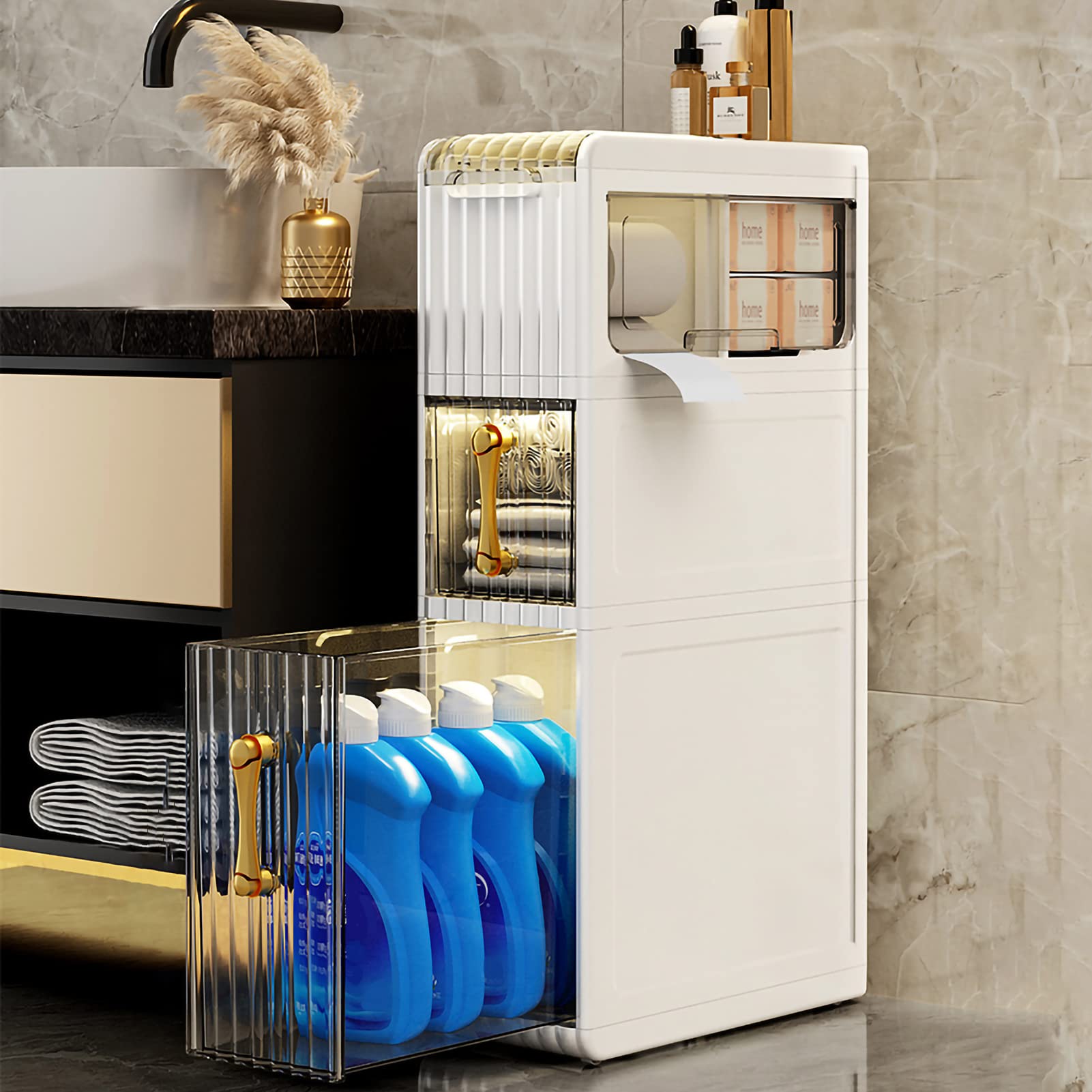Narrow Slim Bathroom Storage Cabinet with Drawers - Waterproof Small Space Organizer for Bathroom, Kitchen & Laundry - Portable Floor Cabinet for Toiletries, Cleaning Supplies & Towels - Perfect for Apartments, Dorms & Tiny Homes
