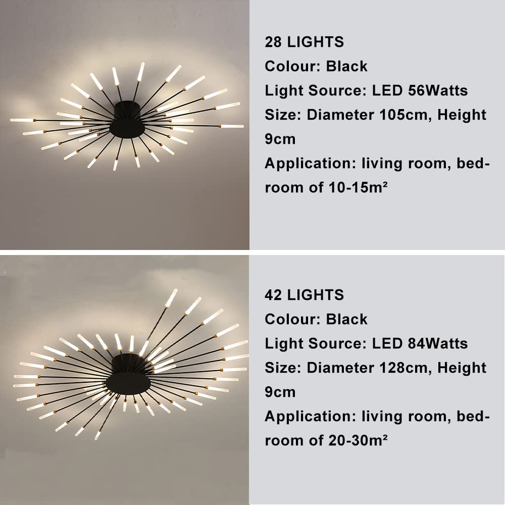 Modern Flower Shape Ceiling Light Fixture - 28-LED Sputnik Firework Petal Chandelier for Dining Room, Kitchen, Hallway | Flush Mount Metal & Acrylic Design (Matte Black) | Perfect for Modern Home Decor, Restaurant Lighting and Commercial Spaces