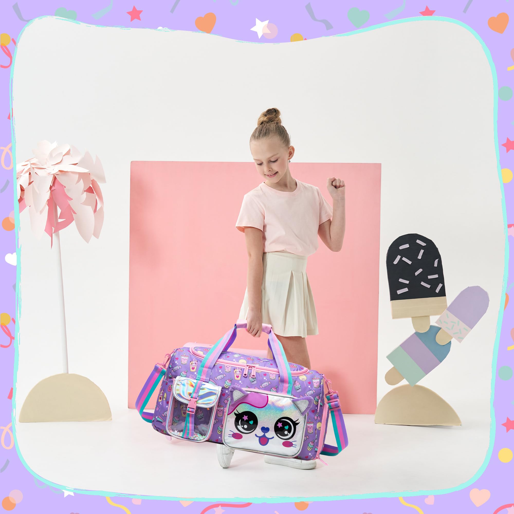 Girls Travel Duffle Bag with Shoe Compartment - Kids Weekender Overnight Bag for Dance, Gym, Sports & Sleepovers - Lightweight Carry-On Luggage for School Trips & Weekend Getaways