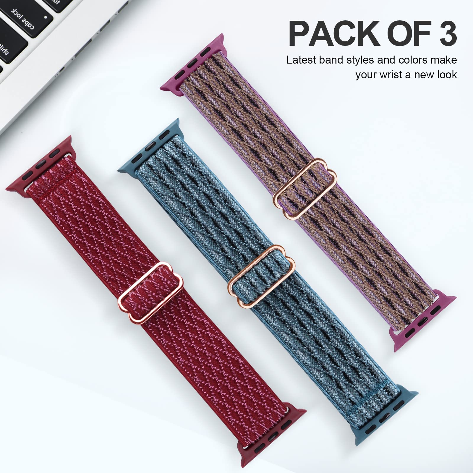 Stretchy Nylon Solo Loop Bands for Apple Watch 42mm/44mm/45mm/46mm/49mm - Compatible with Series 1-10, SE & Ultra - Adjustable Braided Sport Strap for Women & Men (3 Pack) - Perfect for Workouts, Running & Everyday Wear
