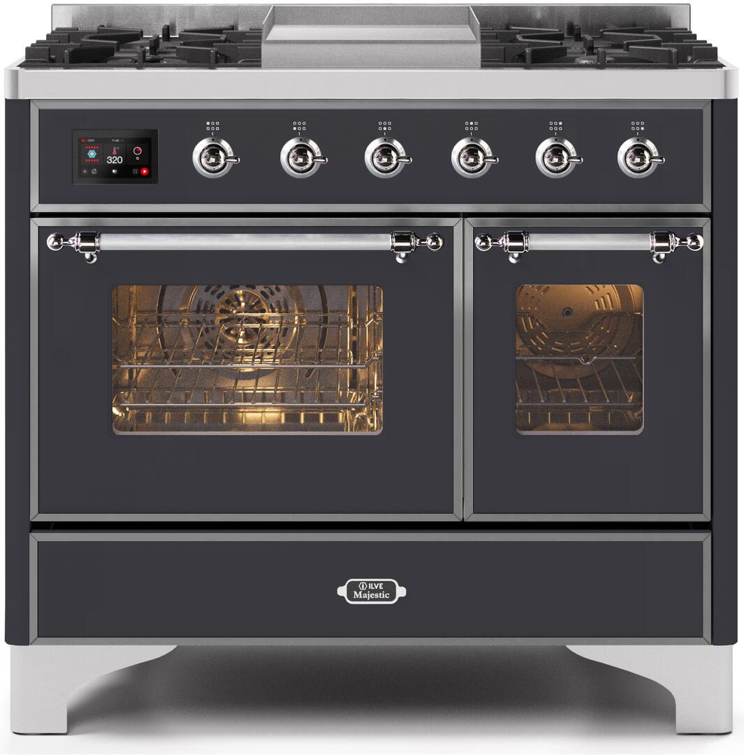ILVE Majestic II 40-Inch Dual Fuel Range Stove - Matte Graphite Finish with Chrome Trim (UMD10FDNS3MGC) - Perfect for Professional Home Kitchens & Gourmet Cooking