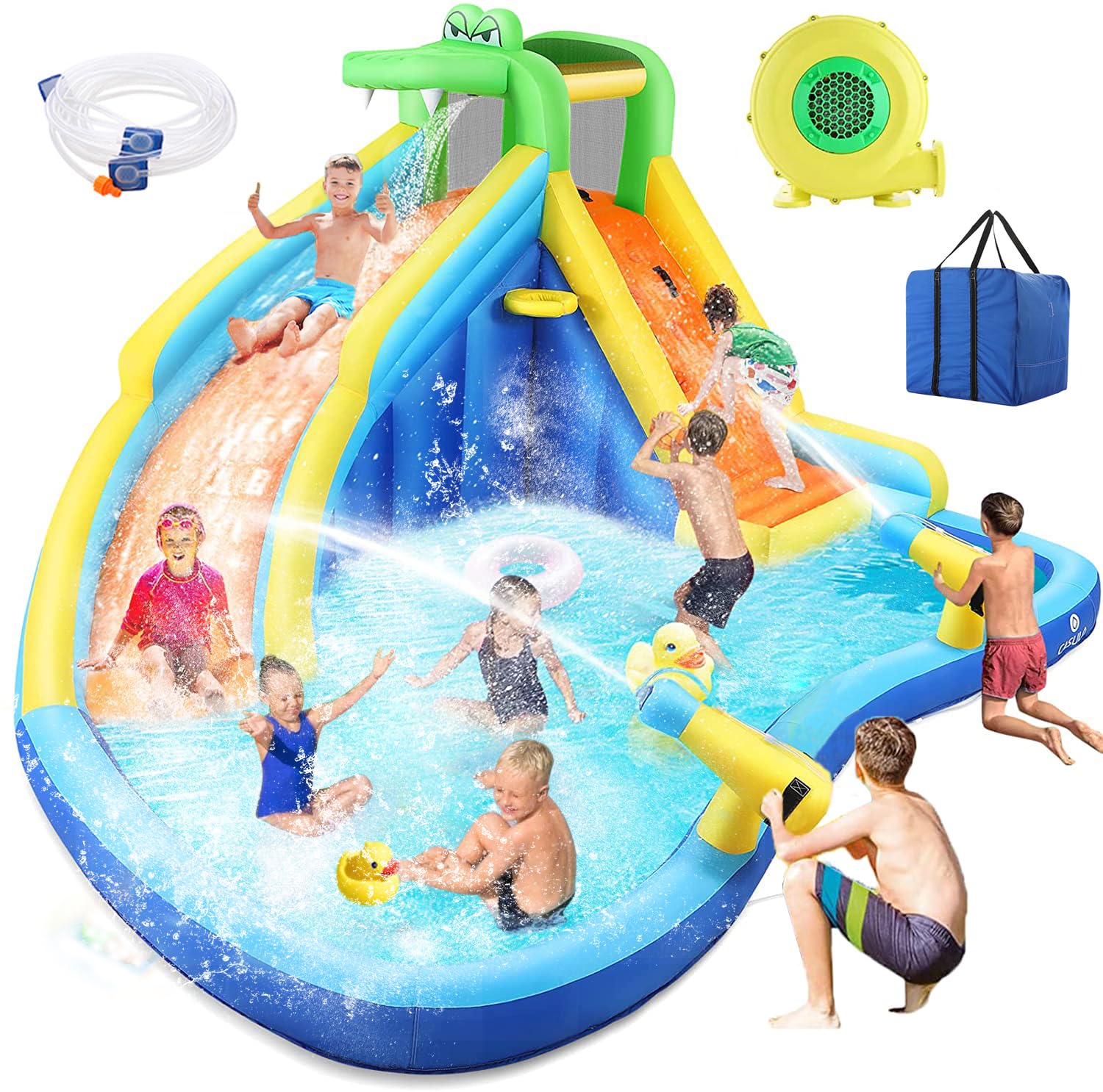 WHUBEFY 7-in-1 Inflatable Water Slide for Kids with Blower - Bounce House, Splash Pool, Water Gun & Climbing Wall - Backyard Water Park for Summer Outdoor Fun - Perfect for Birthday Parties, Family Gatherings and Backyard Playtime