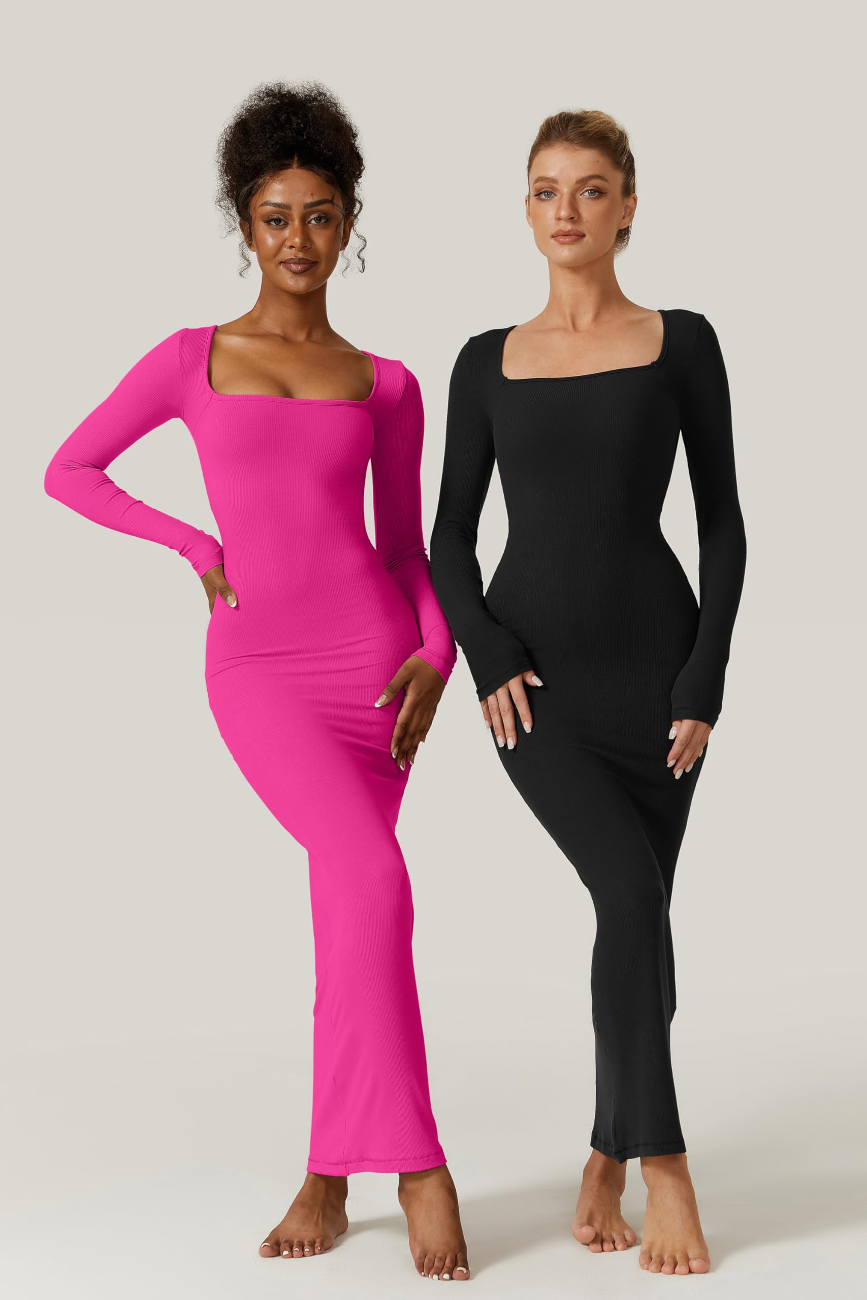 QINSEN Women's Long Maxi Dress - Square Neck, Long Sleeve, Ribbed Bodycon Lounge Dress for Casual Wear, Date Night & Party Outfits | Plus Size Options Available