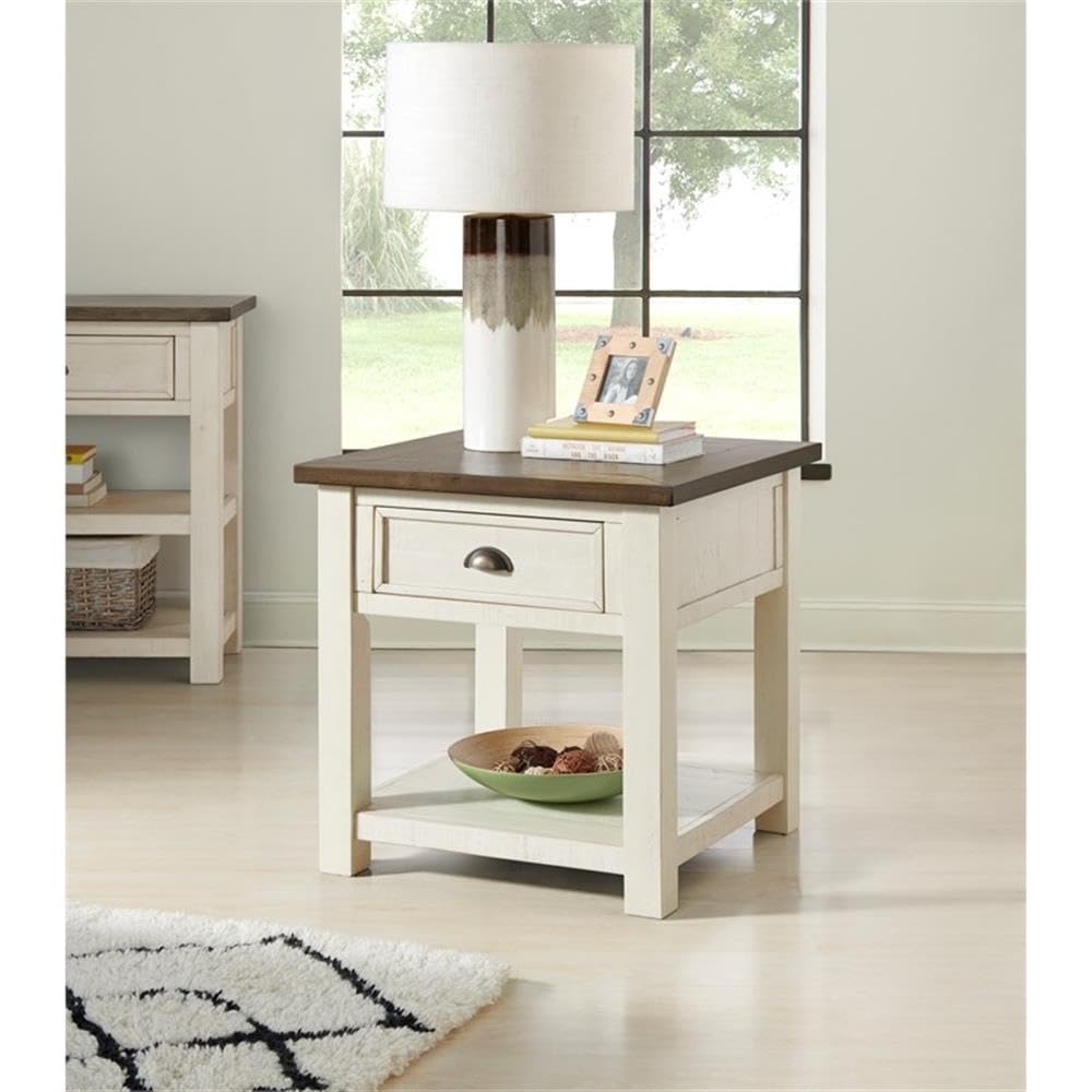 BOWERY HILL Farmhouse Wood 1 Drawer End Table - Cream White & Brown - Rustic Nightstand for Bedroom, Living Room, or Entryway