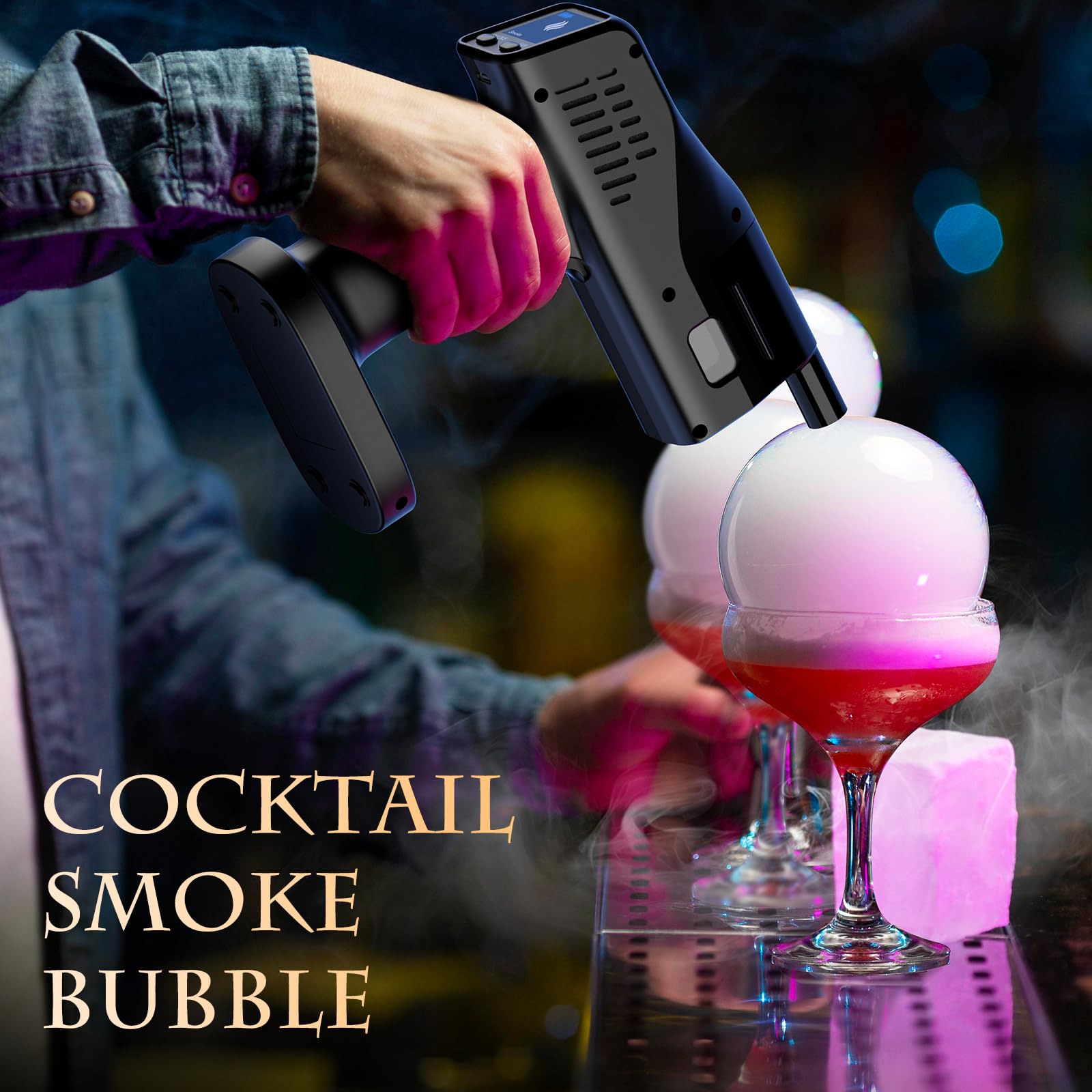 Electric Cocktail Smoking Bubble Gun with 3 Flavor Oils & Edible Bubbles - Whiskey, Bourbon, Vodka Drink Smoker Kit - Perfect Bartender Tool & Unique Gift for Dads - Enhance Cocktail Parties & Home Bar Experience