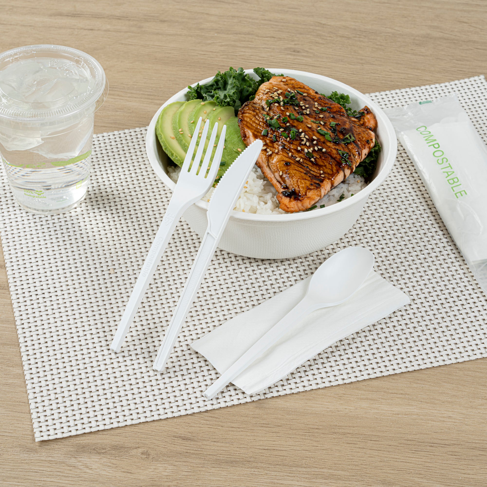Eco-Friendly Compostable CPLA Plastic Cutlery Set - 100-Piece Box with Heat-Resistant Forks, Knives, Spoons & White Napkins | Perfect for Parties, Picnics, Catering & Zero-Waste Events