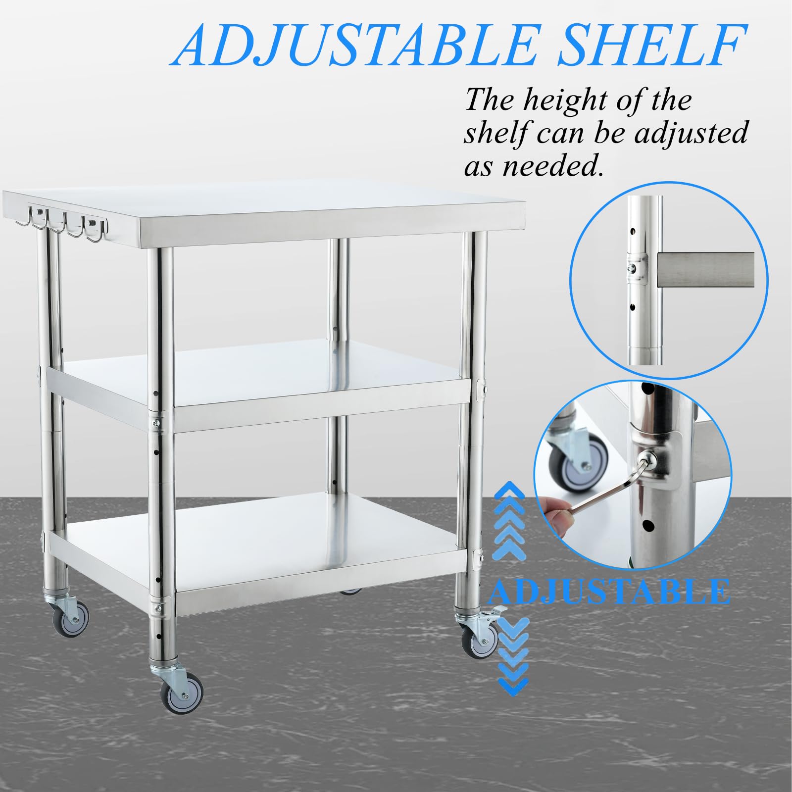 30x24 Inch 3-Stage Adjustable Stainless Steel Work Table with Wheels - Silver Commercial-Grade Kitchen Prep Table for Restaurants, Food Trucks & Home Use