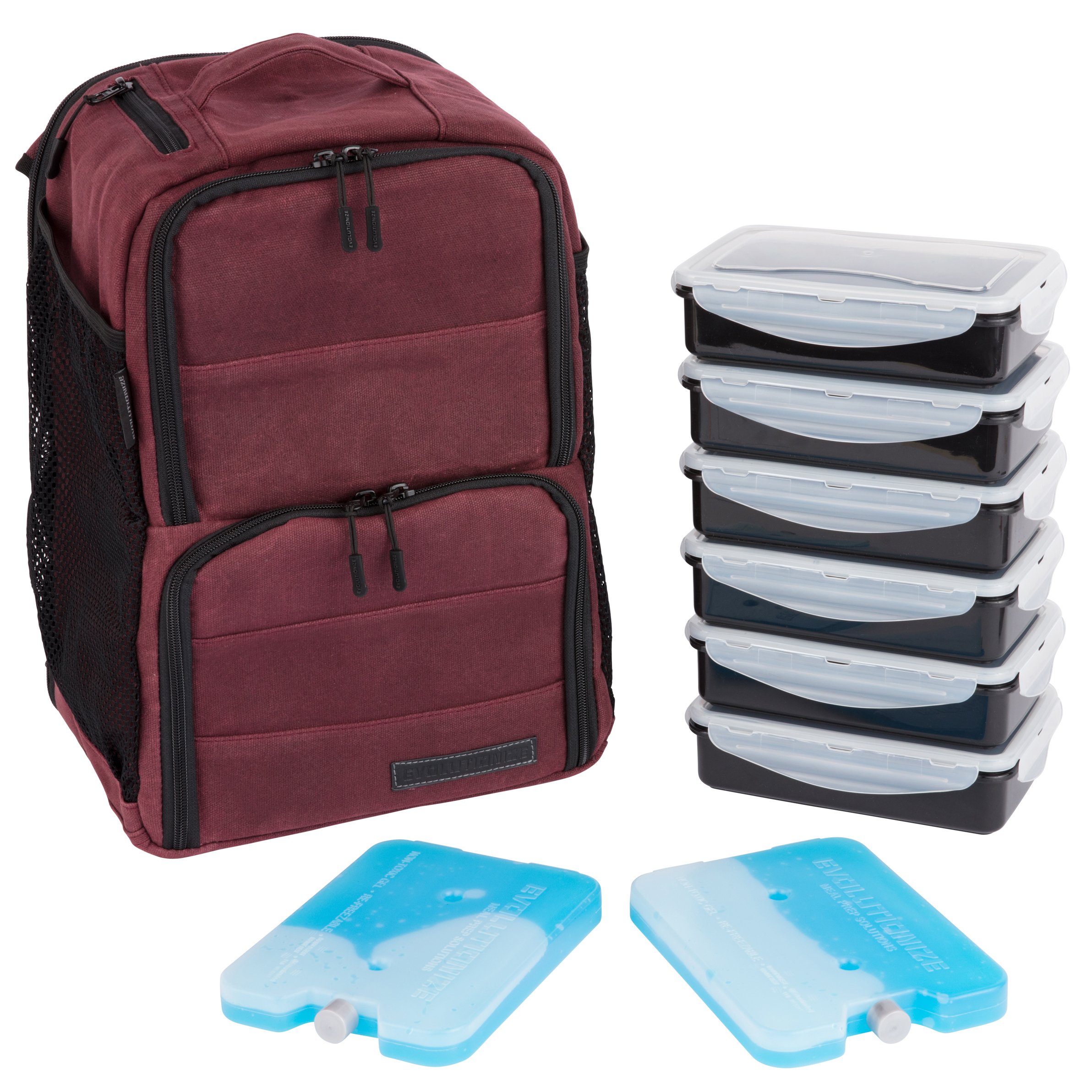 Portion Control Meal Prep Bag with Insulated Cooler & Ice Pack - 3 or 6 Meal Insulated Lunch Box System (Black Backpack or Maroon Waxed Canvas) - Perfect for Office, Gym, Camping & Outdoor Activities