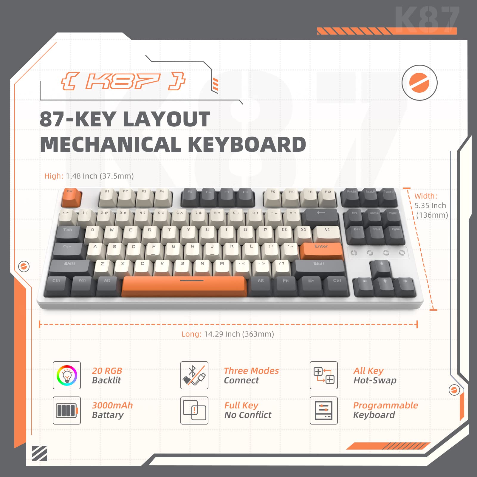 K87 RGB Wireless Mechanical Keyboard - 2.4G/Bluetooth/Wired, Hot-Swappable Yellow Switches for Gaming & Office