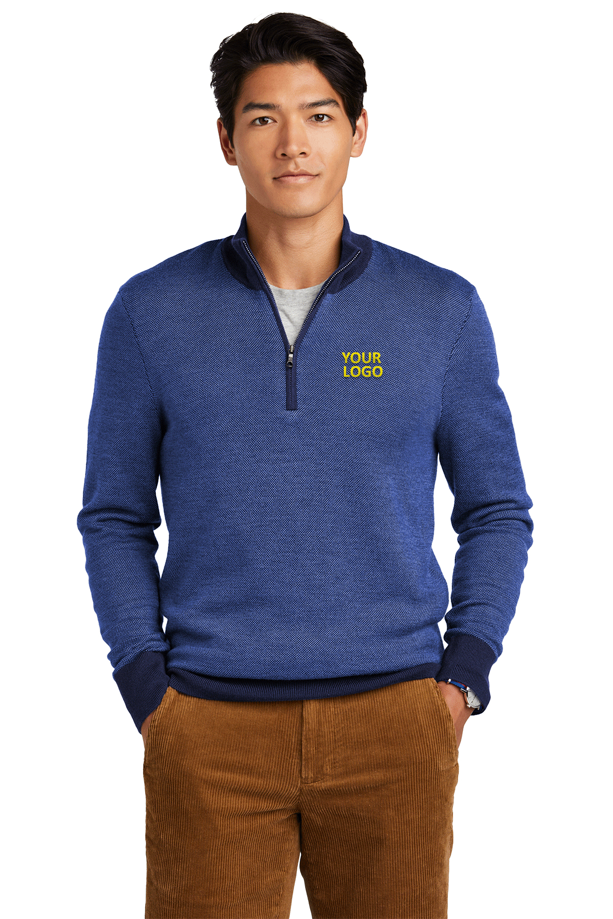 Brooks Brothers Washable Merino Wool Birdseye 1/4 Zip Sweater for Men - Navy & Compass Blue | Office Wear, Business Casual & Winter Layering