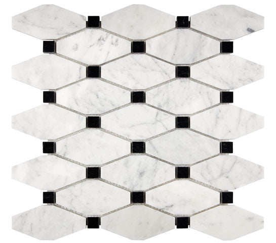 Carrara White Gioia Marble Hexagon Mosaic Tile - Elongated Black Geometric Pattern for Bathroom Floor and Kitchen Backsplash
