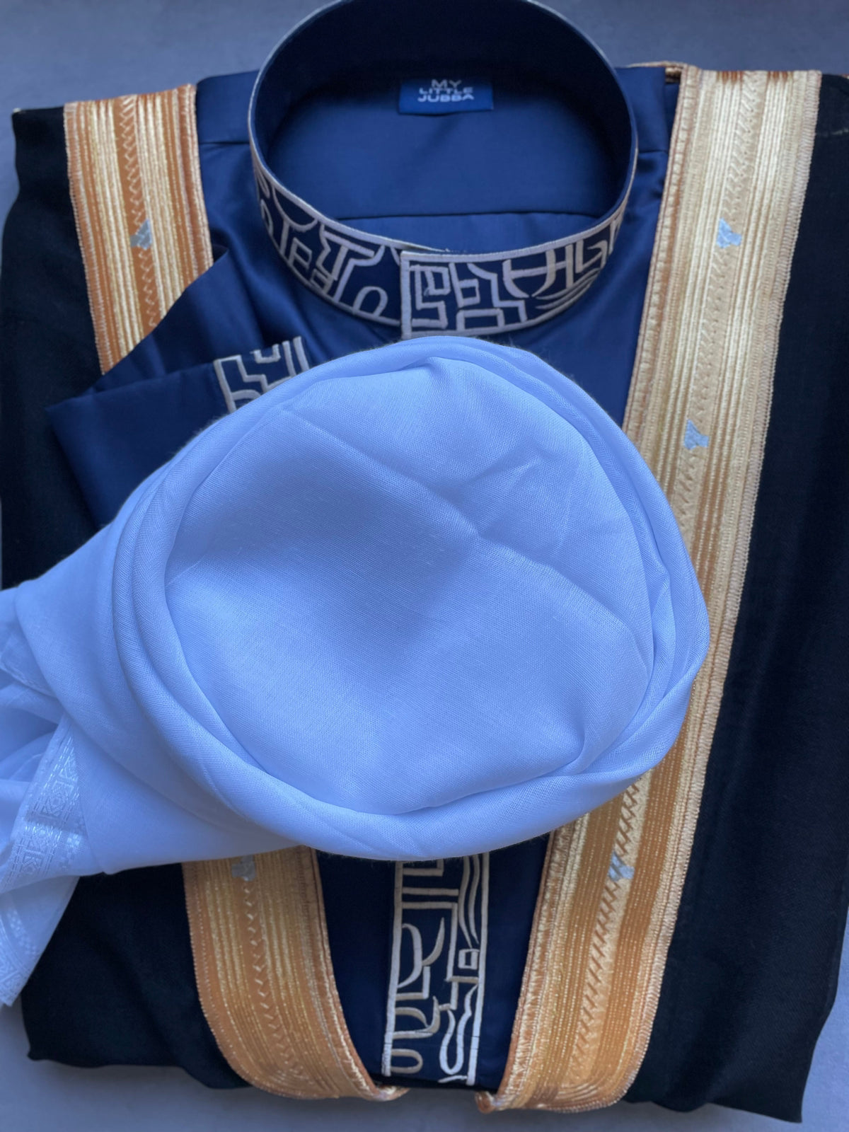 Premium Men's Blue Thobe with Gold Embroidery - 3 Piece Traditional Islamic Outfit Set for Eid, Wedding & Special Occasions