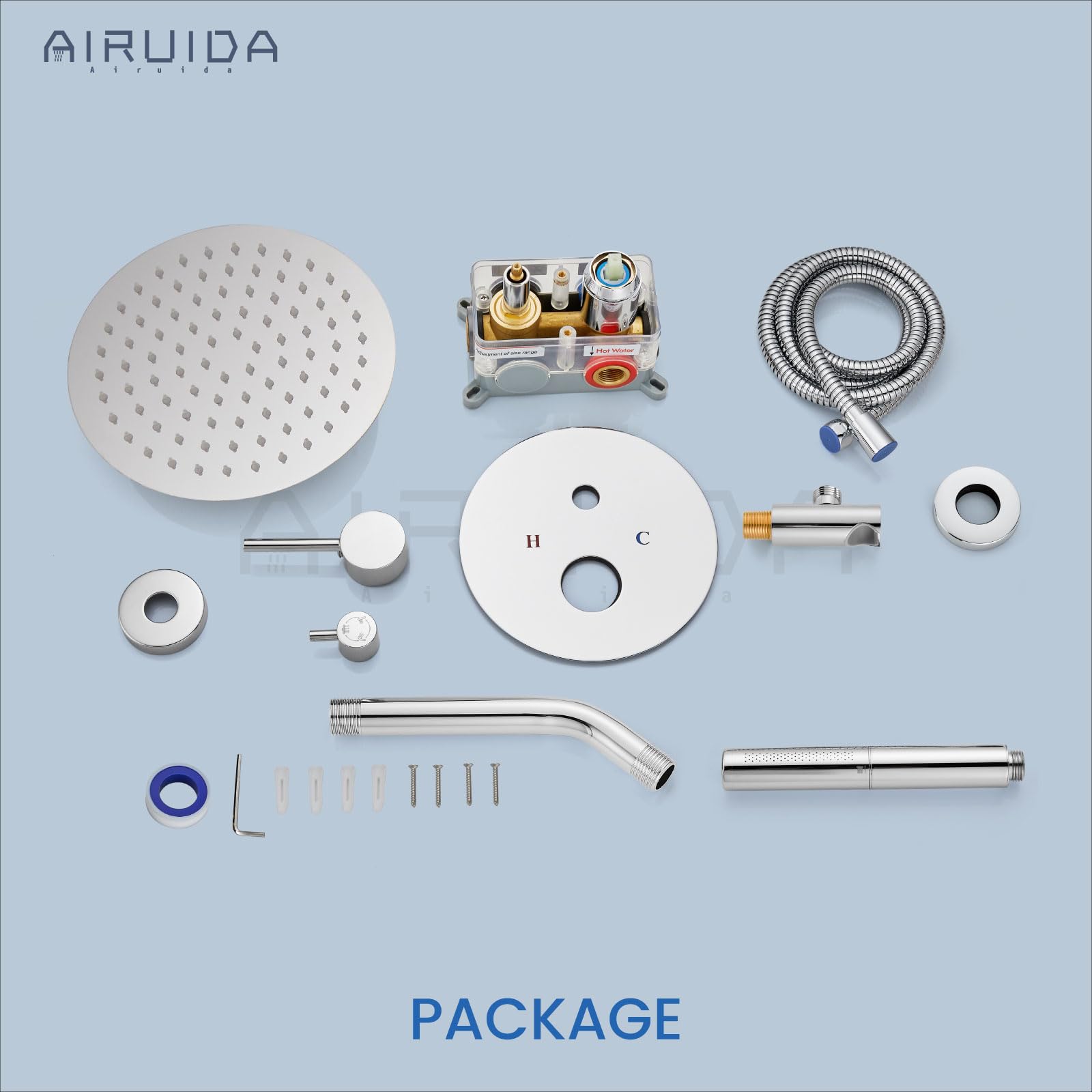 Airuida 2-Function Wall Mounted Shower Faucet Set - High Pressure Brass Handheld Shower with Rough-in Valve & 8 Inch Rainfall Round Shower Head in Chrome Polish for Bathroom | Perfect for Modern Home Spa Experience and Water-Saving Shower Upgrade