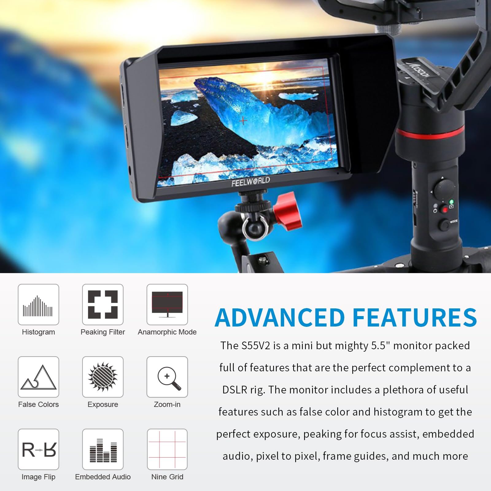 FEELWORLD S55V2 5.5 Inch Full HD 1920x1152 IPS DSLR Camera Field Monitor with HDMI Input/Output - Perfect for Videography, Photography & On-Set Monitoring