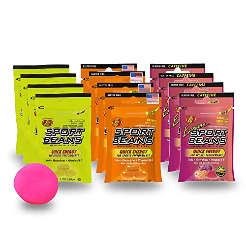 JB Jelly Belly Sport Beans Energy Chews - 12 Pack Variety (Lemon Lime, Orange, Extreme Smoothie) - 1oz Each + Free Stress Ball - Perfect for Runners, Cyclists & Workout Recovery