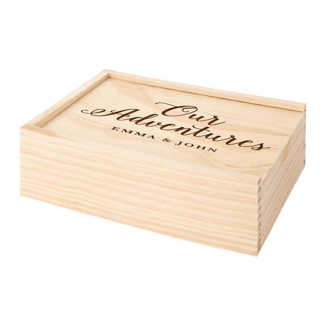 Custom Engraved Wooden Wedding Keepsake Box - Personalized Cursive 'Our Adventures' Memory Box with Lid (4x6 Inches) - Perfect Anniversary Gift for Couples, Photo Album Storage & Romantic Keepsake Holder