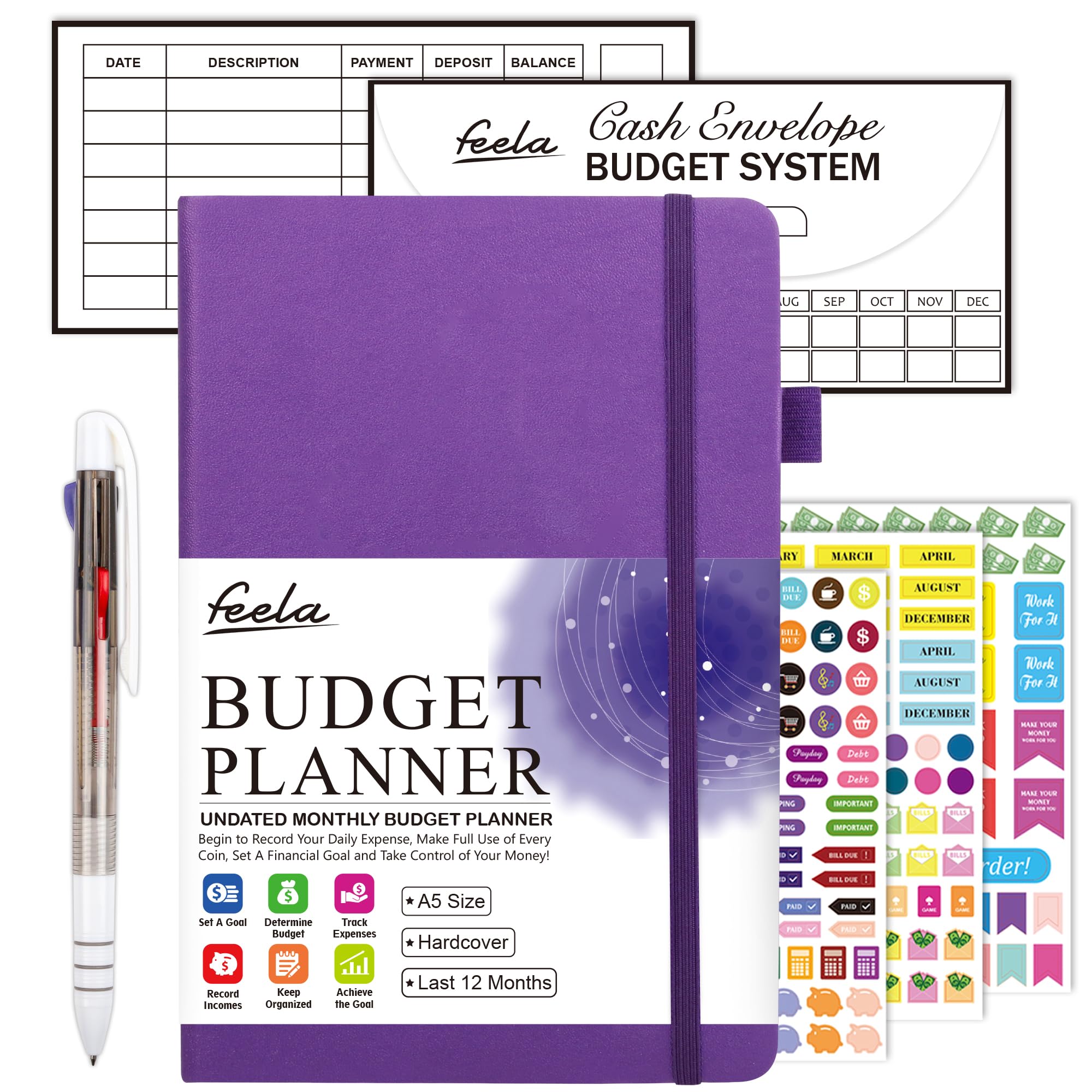 2025 Monthly Budget Planner - Undated Financial Organizer with Expense Tracker, Budget Envelopes & Stickers | A5 Purple Hardcover Money Journal for Bill Tracking | Perfect for Personal Finance Management, Savings Goals & Debt Payoff Planning