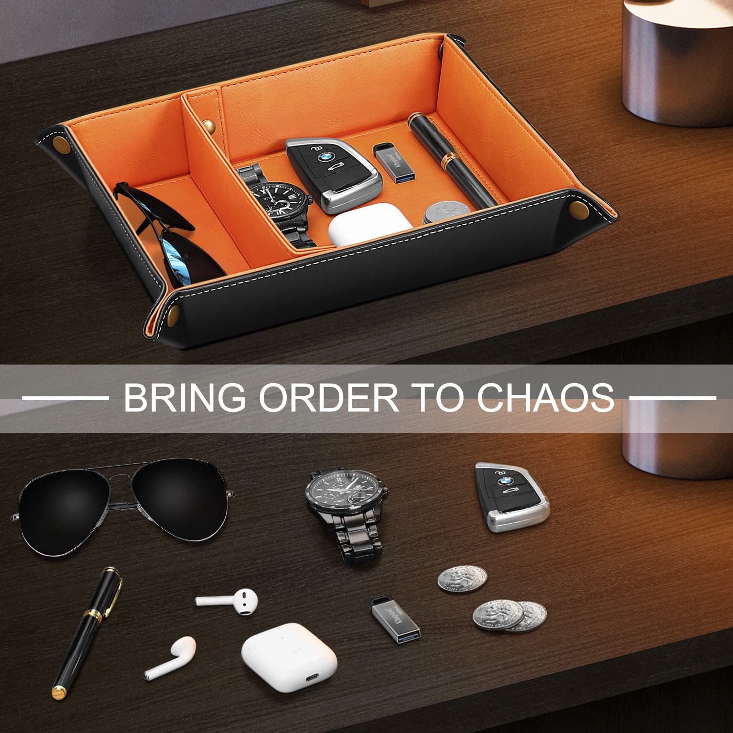 SITHON Valet Tray with Removable 2 Compartments - Orange Desktop Organizer for Jewelry, Keys & Essentials | Bedside, Vanity & Nightstand Storage Solution | Perfect for Home Office & Dresser Organization