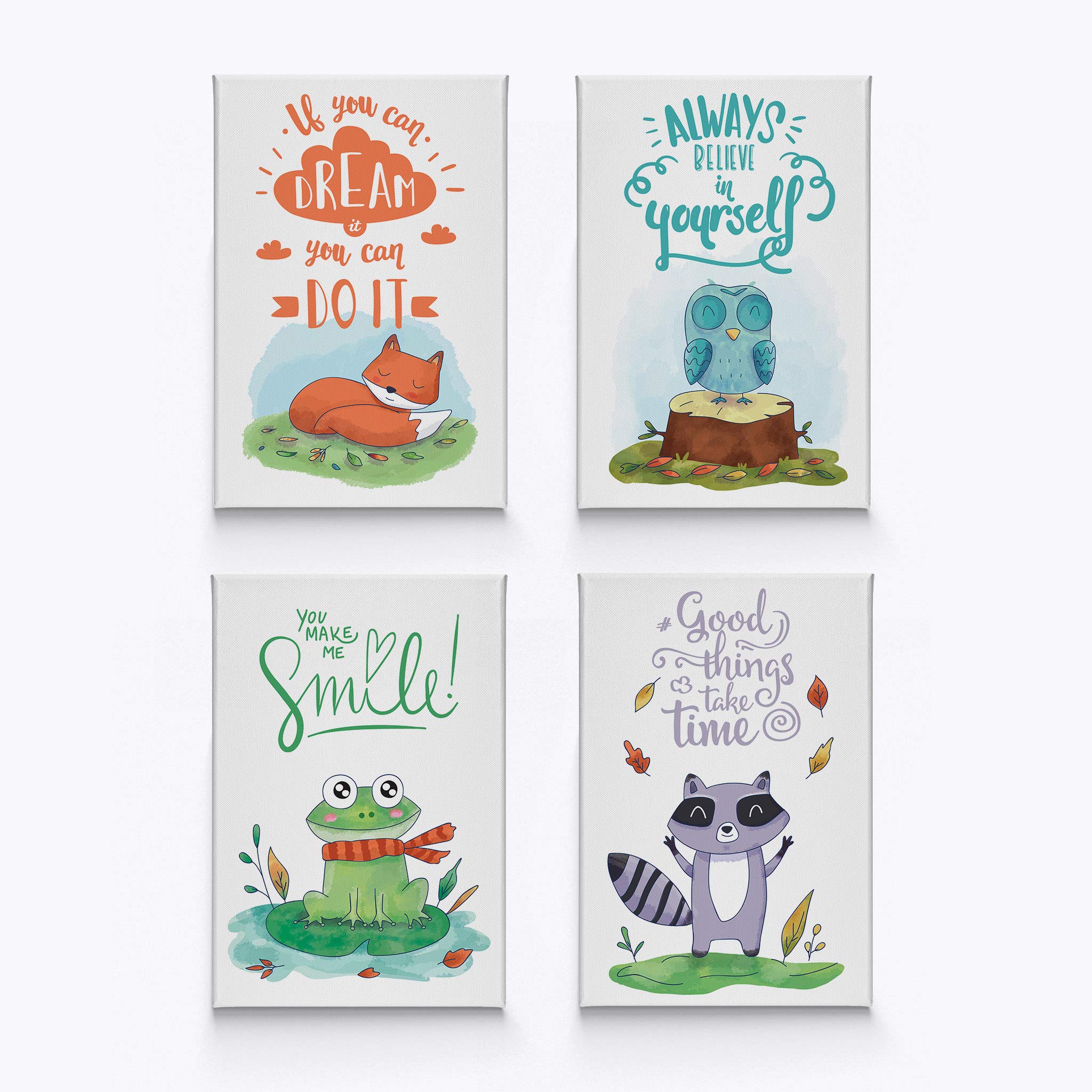 HB Art Design Colorful Animals Motivational Wall Art - 4 Panel Canvas Print Set for Nursery, Baby Girl & Boy Room, Kids Room Decor - Ready to Hang, 100% Handmade in USA (36x24 inches x4) - Perfect for Playrooms, Bedrooms & Daycare Centers