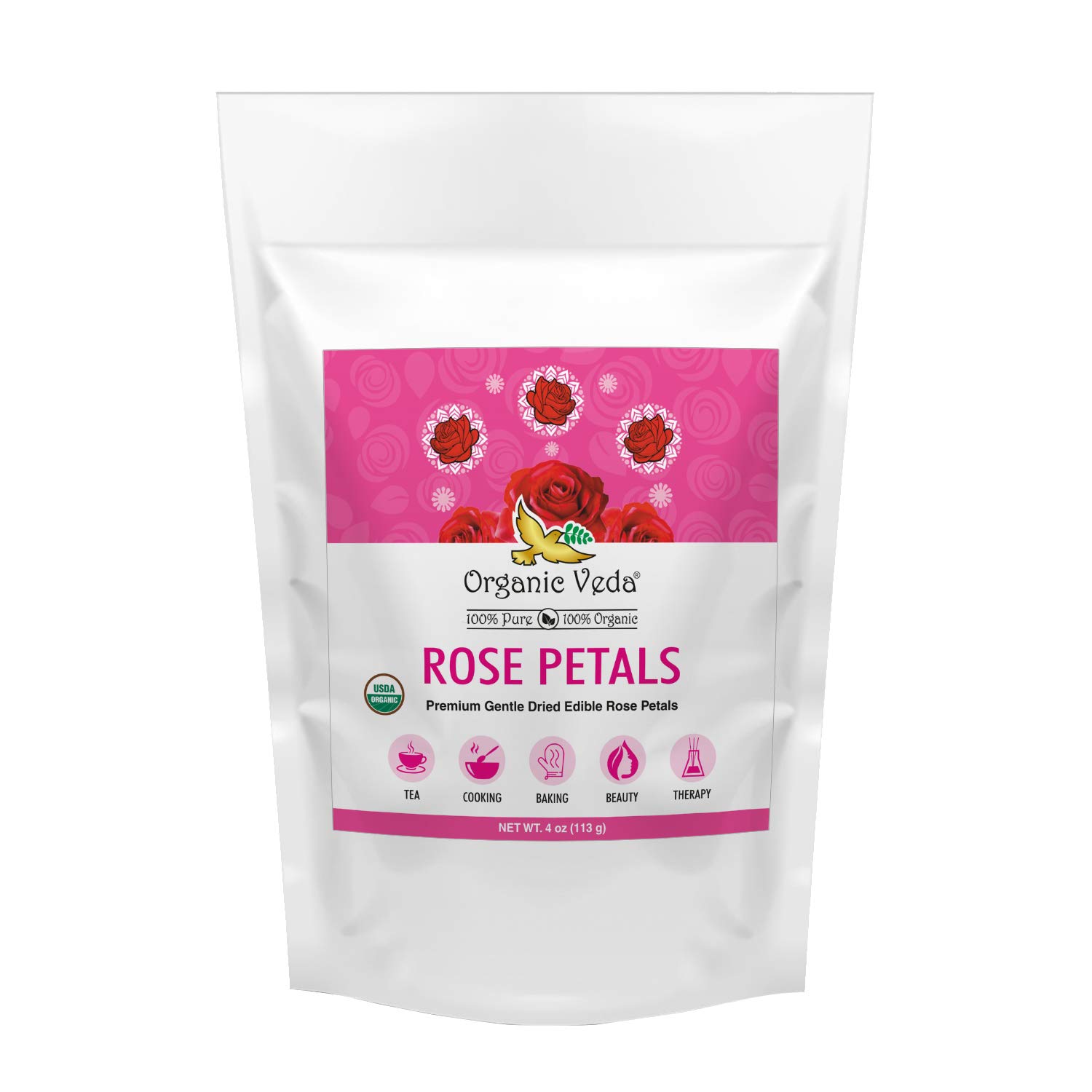 Organic Veda Dried Rose Petals, 4 oz - 100% USDA Organic Certified Edible Rose Petals for Cooking, Baking & Tea | Food Grade Rose Petals for Rose Water, Herbal Infusions, Skincare, Bath Soaks & Home Decor | Vegan, Non-GMO, All-Natural | Perfect for DIY Beauty Recipes, Wedding Decor & Gourmet Desserts