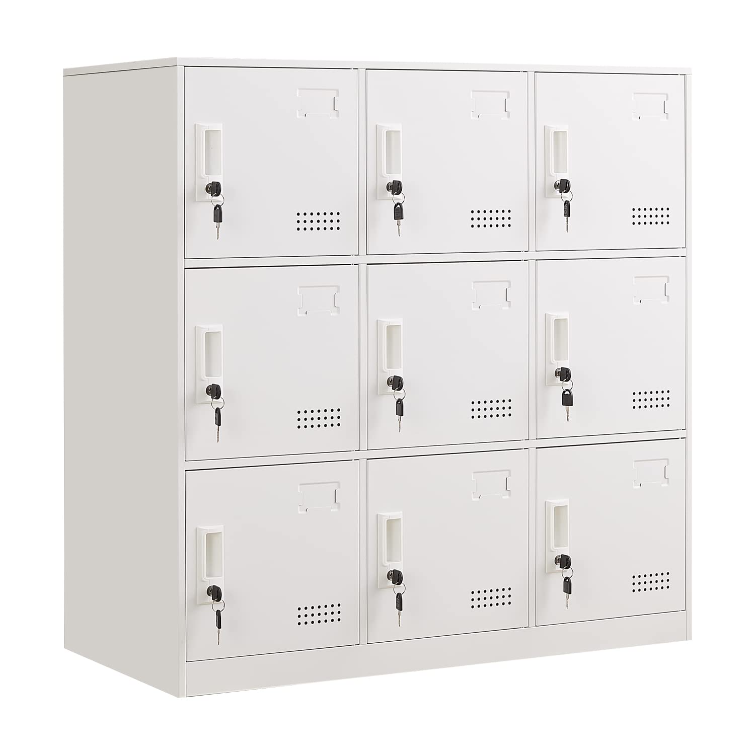 9-Door Metal Locker Storage Cabinet - Heavy Duty Steel Office Lockers with Key Lock & Ventilation - Secure Employee Storage for Office, School, Gym, Garage & Warehouse Organization