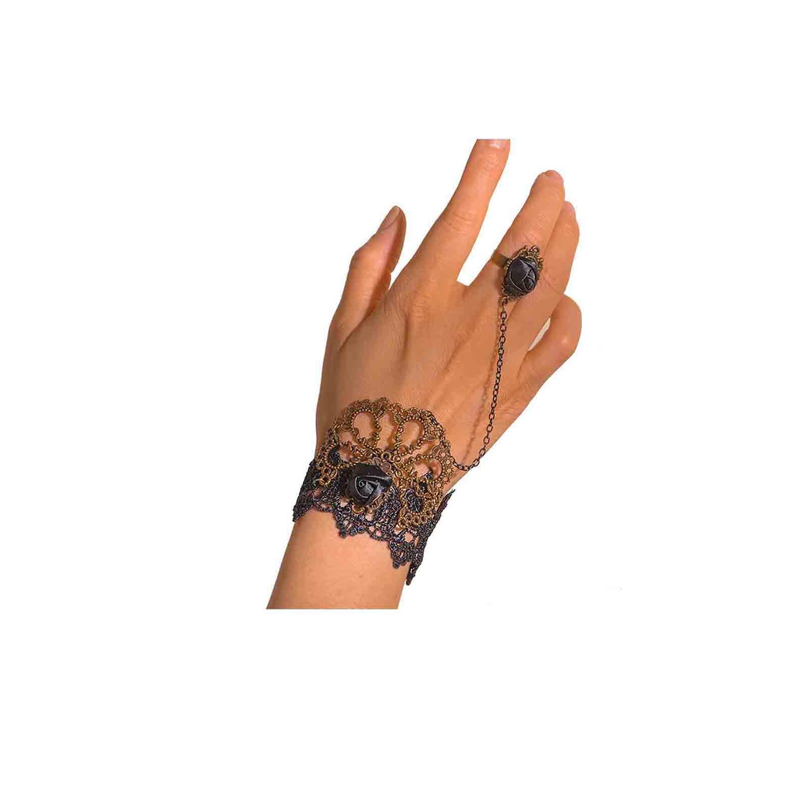 Vintage Black Lace Finger Bracelet with Rose Flower - Gothic Slave Bracelet Jewelry for Women & Girls | Hand Chain Bracelet for Cosplay, Gothic Fashion & Boho Style