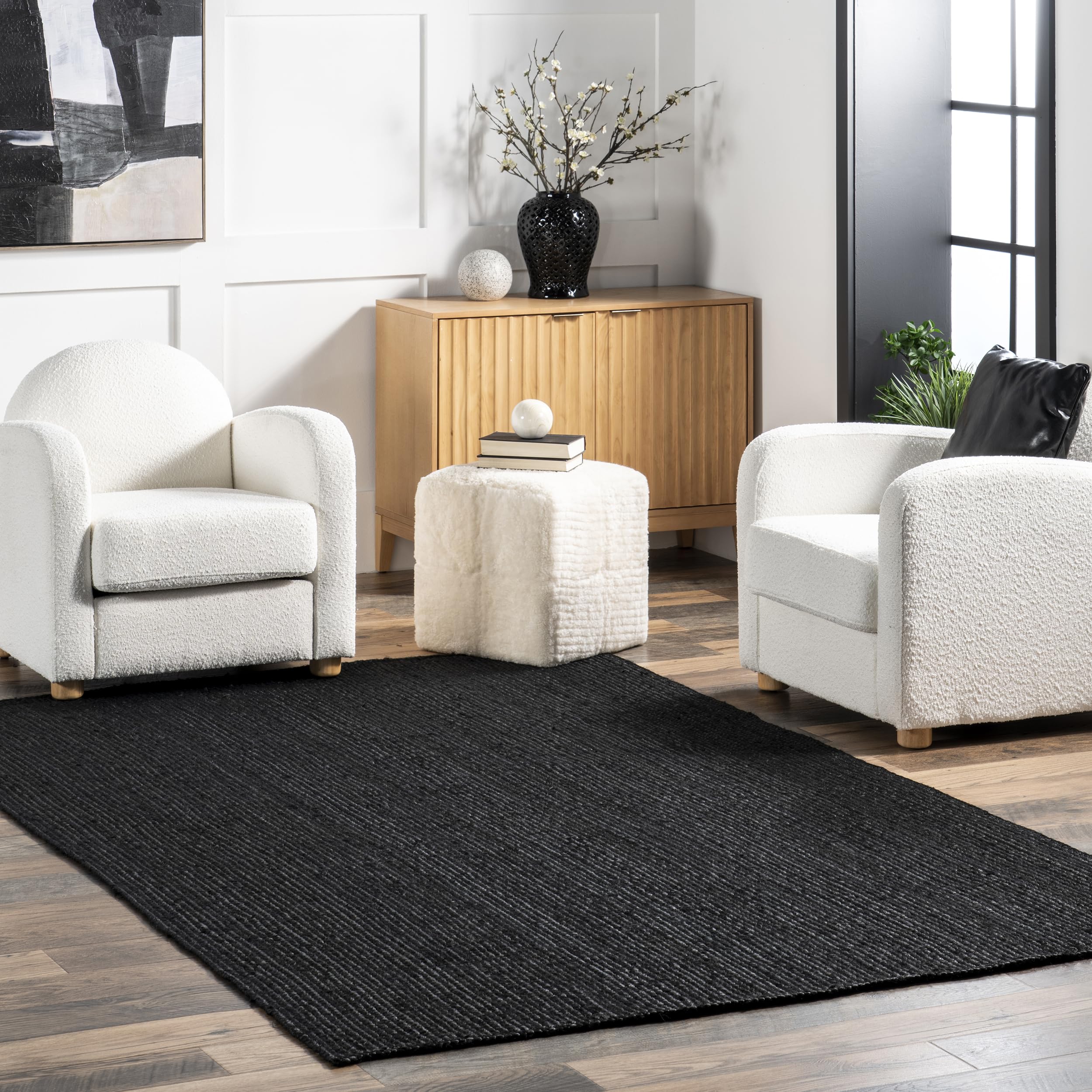 nuLOOM 8x10 Rigo Jute Hand Woven Area Rug - Black Solid Farmhouse Design Natural Fiber Rug for Bedroom, Living Room, Dining Room | Eco-Friendly Home Decor for Cozy Spaces & High Traffic Areas