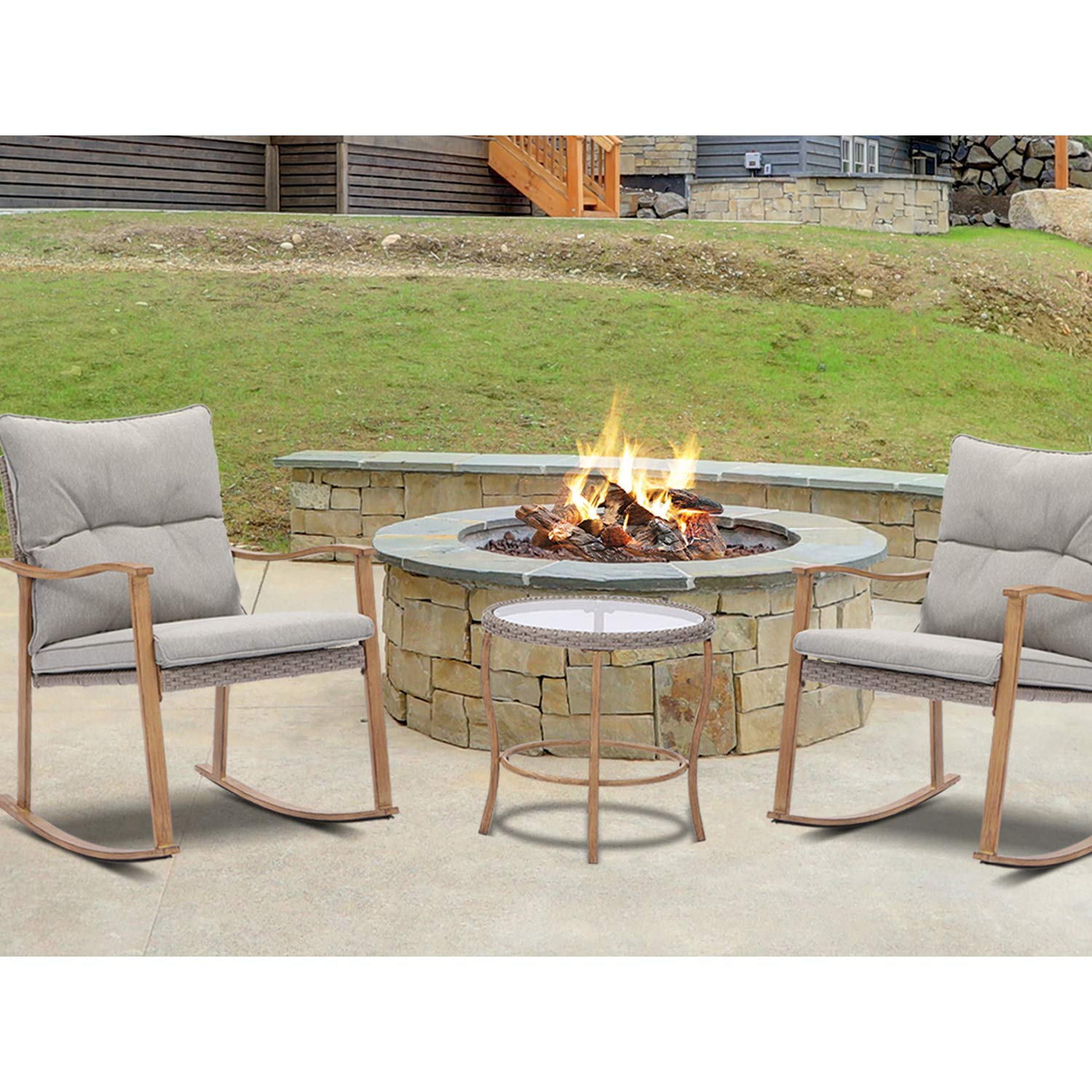 AQUILLA Outdoor 3-Piece Patio Rocking Set - Metal Frame Bistro Set with Round Tempered Glass Table & Thick Gray Cushions - Perfect for Sunroom, Porch, Garden, and Backyard Relaxation