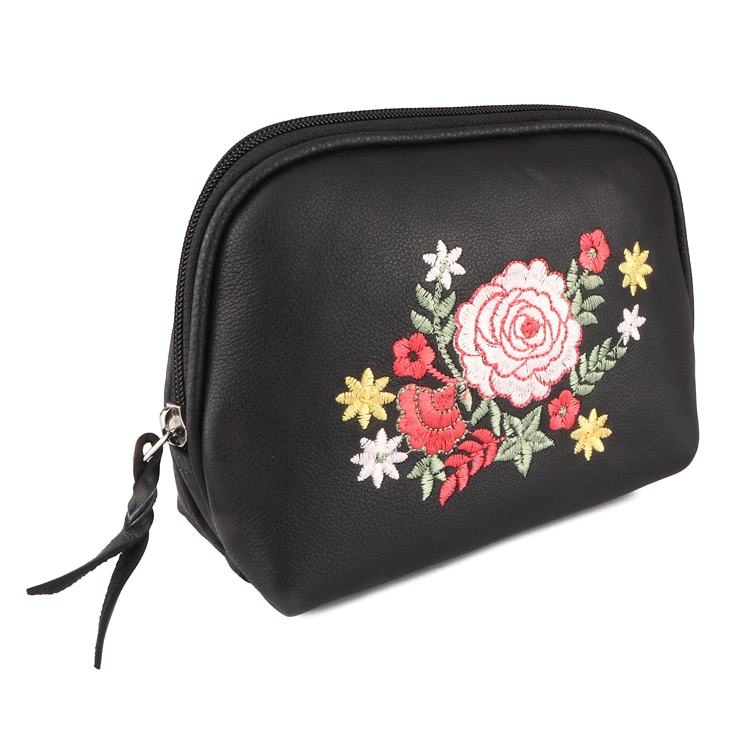 CHALLENGER Women's Black Leather Floral Embroidered Zippered Makeup Cosmetic Bag - Stylish Travel Organizer for Toiletries & Beauty Essentials | Perfect for Travel, Gym & Daily Use