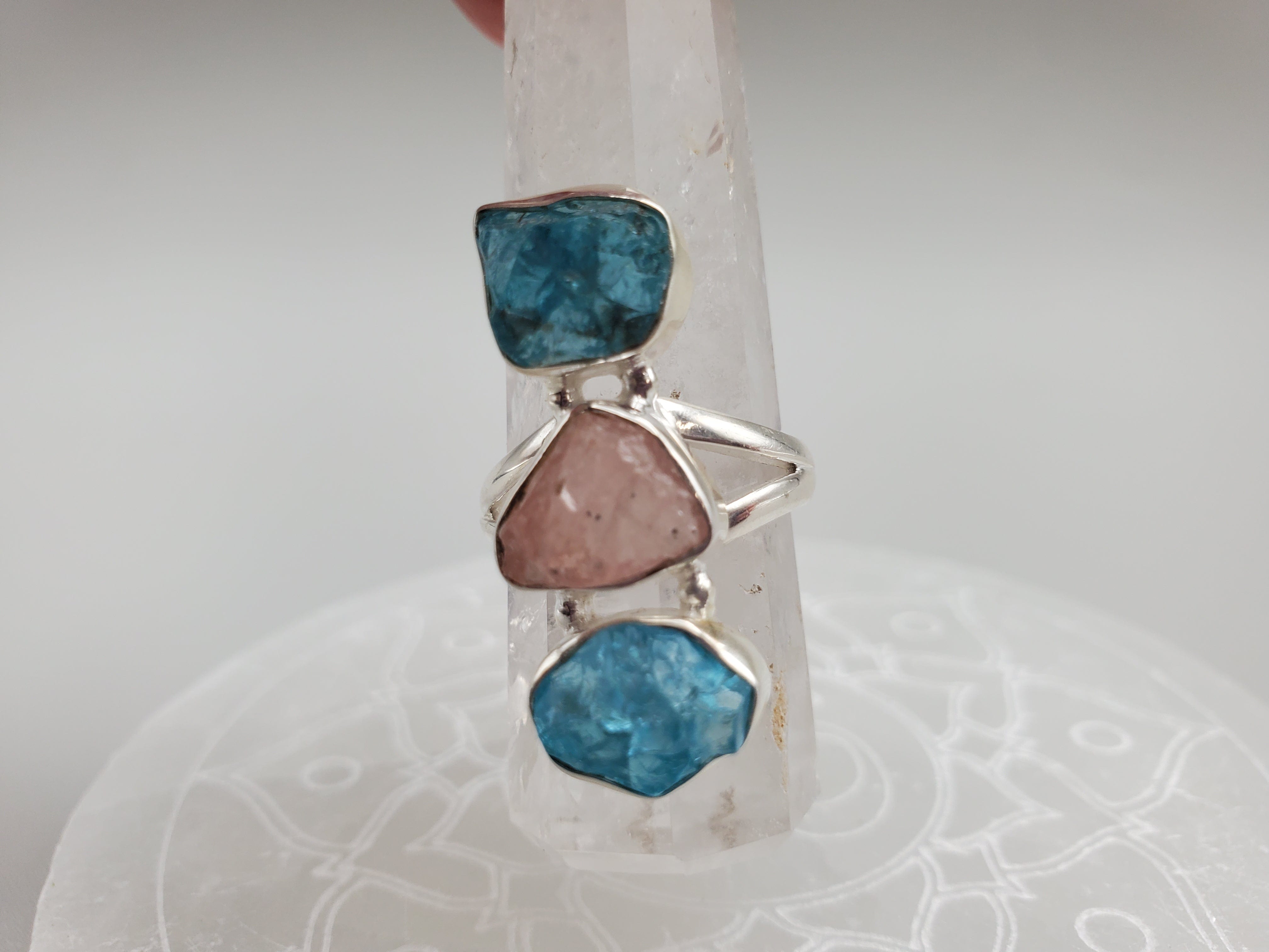 Apatite and Rose Quartz Sterling Silver Ring for Women - Elegant Healing Crystal Jewelry for Meditation, Yoga & Spiritual Gifts