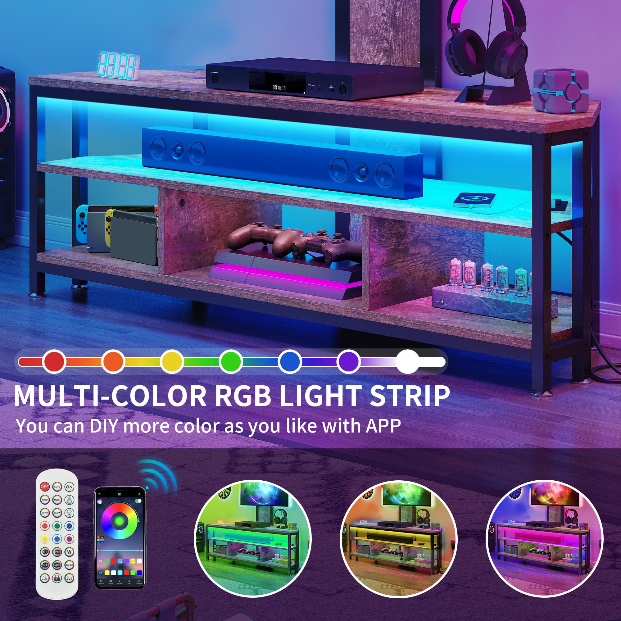 YITAHOME Rustic Brown TV Stand with Mount for 70/65/55 inch TVs - Adjustable Height Entertainment Center with Storage Shelves & Built-in Power Outlet - Modern TV Console Cabinet for Living Room, Bedroom & Home Theater Setup
