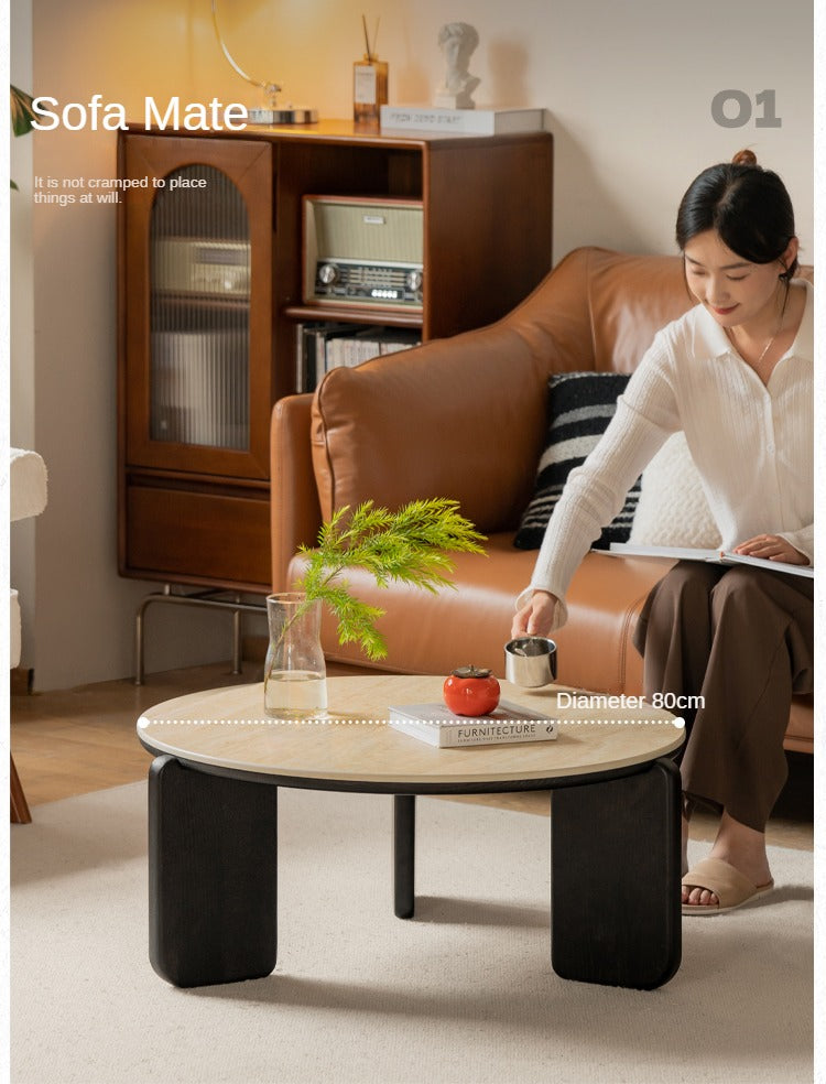Solid Oak Wood Modern Round Coffee Table - Rustic Farmhouse Living Room Centerpiece for Home Decor