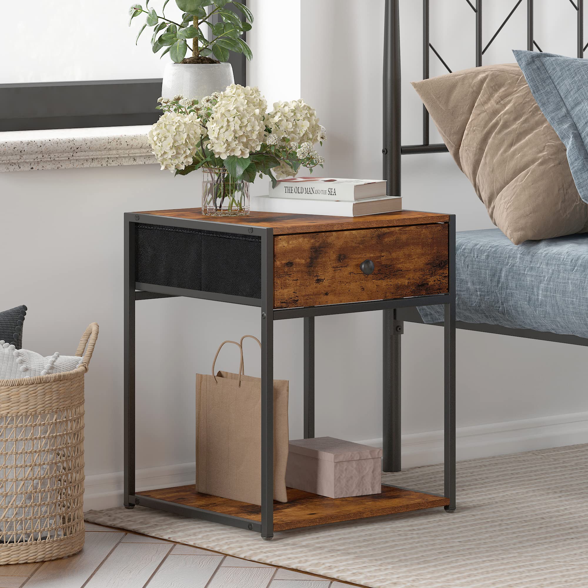 Industrial Nightstand with Drawer & Open Shelf - Rustic Brown Bedside Table with Fabric Storage Bins, Perfect for Small Spaces - Ideal for Bedroom, Living Room & Dorm Room Organization