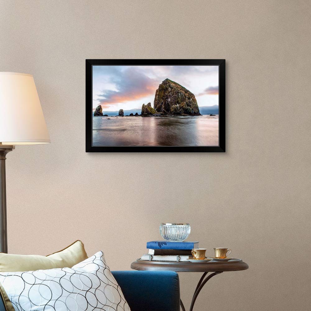 Haystack Rock Cannon Beach Oregon Black Framed Wall Art Print - Coastal Decor for Living Room, Bedroom & Office - Oregon Landscape Artwork