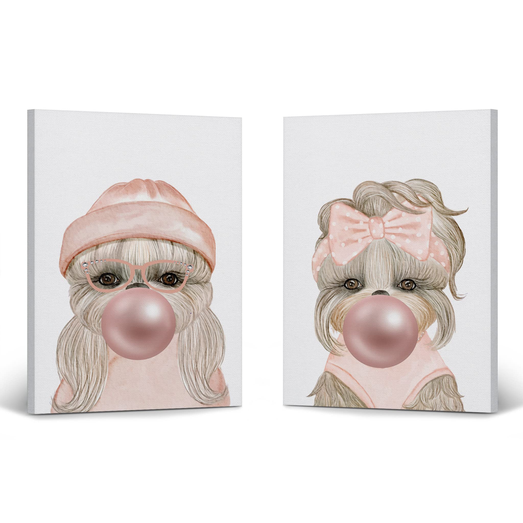 Dog Portrait Canvas Wall Art - Pink Hat & Ribbon Chewing Bubble Gum, 2-Piece Pop Art Set (40x30 inches) for Living Room, Bedroom, Nursery & Kids Room Decor - Funny Animal Artwork for Pet Lovers