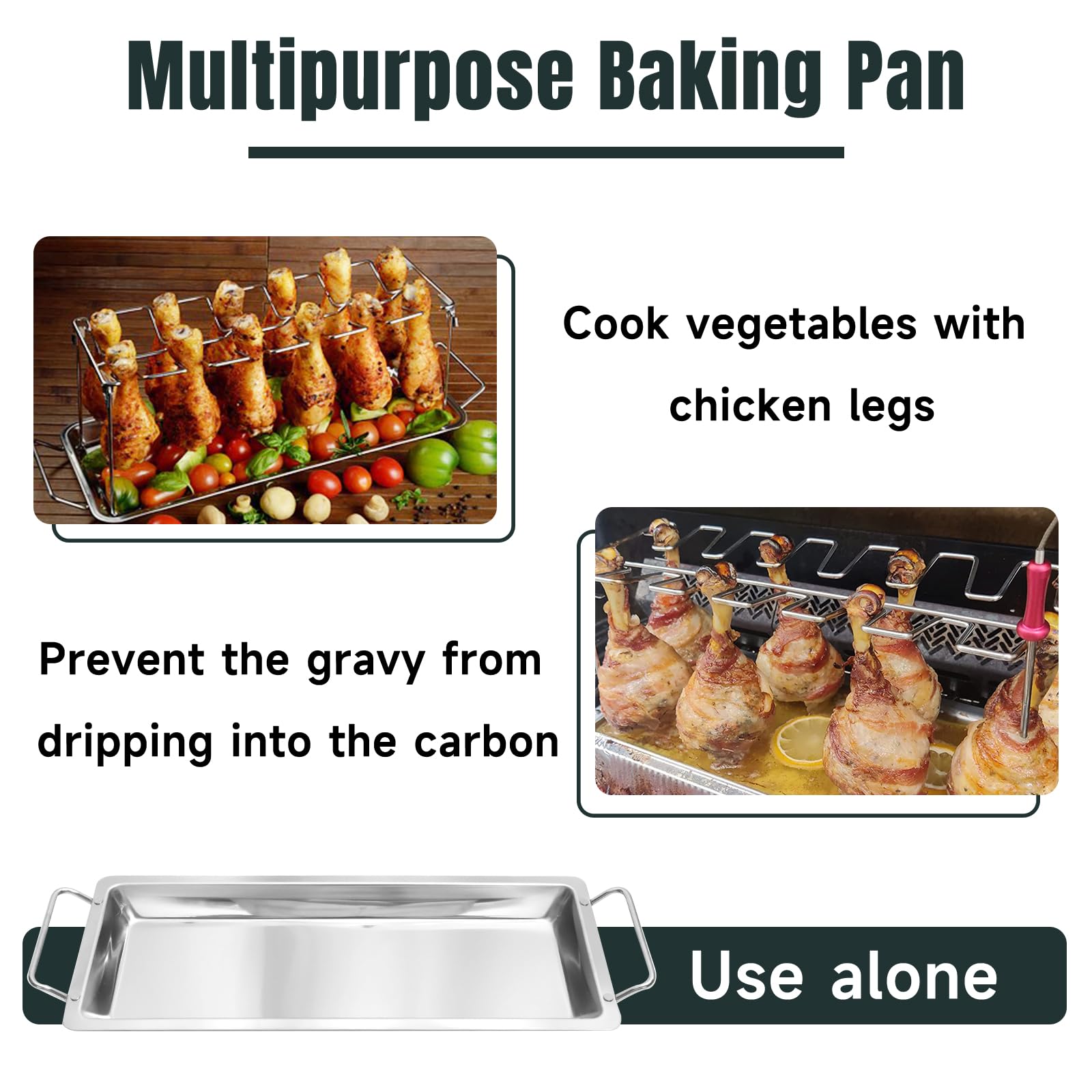 Stainless Steel Chicken Wing & Leg Rack - Holds 12 Drumsticks or Wings - BBQ Roaster Stand with Drip Tray for Kamado Joe, Big Green Egg, Smoker Grill & Oven - Perfect for Backyard BBQs, Tailgating & Outdoor Cooking