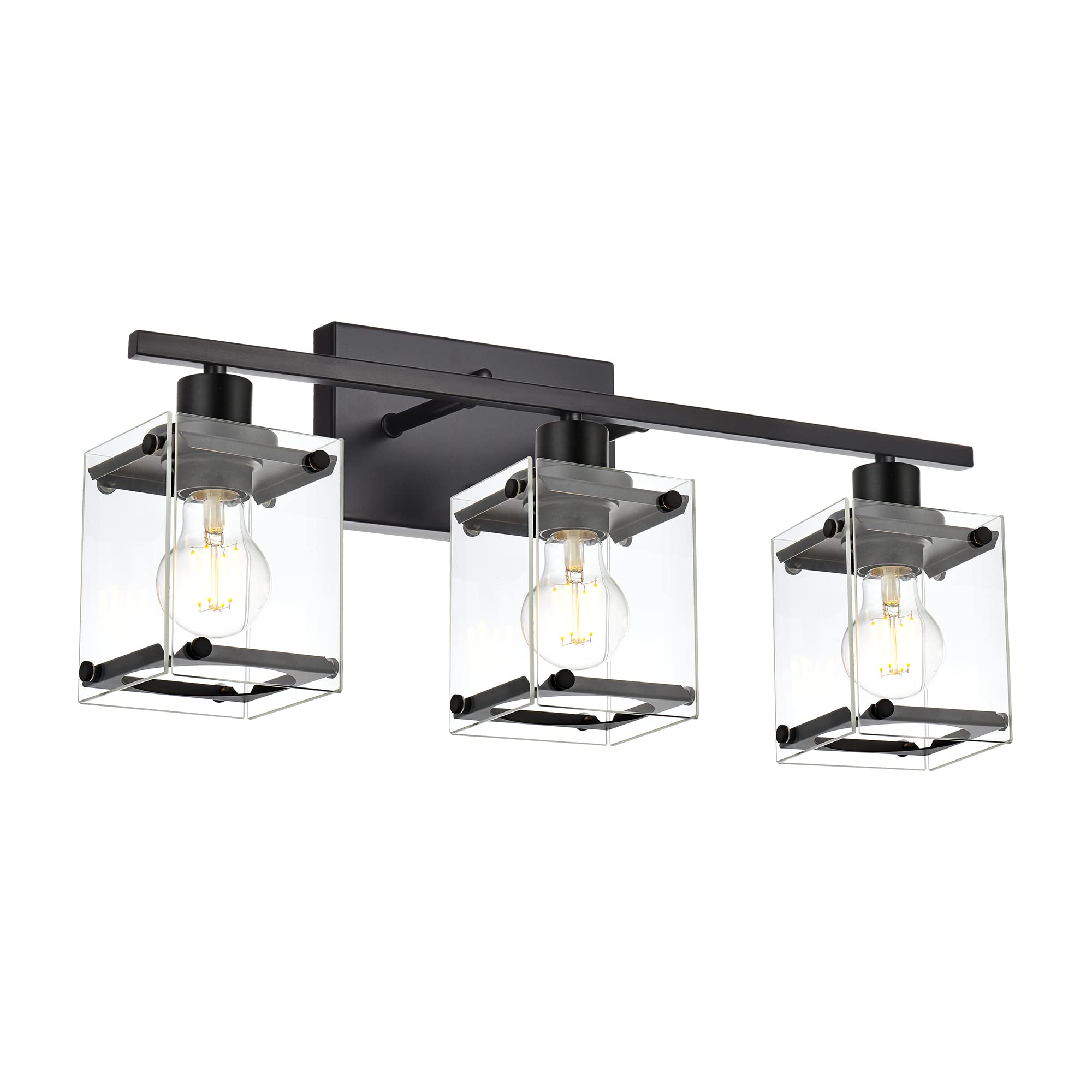 MELUCEE 3-Light Modern Black Bathroom Vanity Lighting Fixture with Clear Rectangular Glass - Wall Mount Mirror Lights for Bathroom, Powder Room & Bedroom - Perfect for Makeup, Shaving & Ambient Lighting