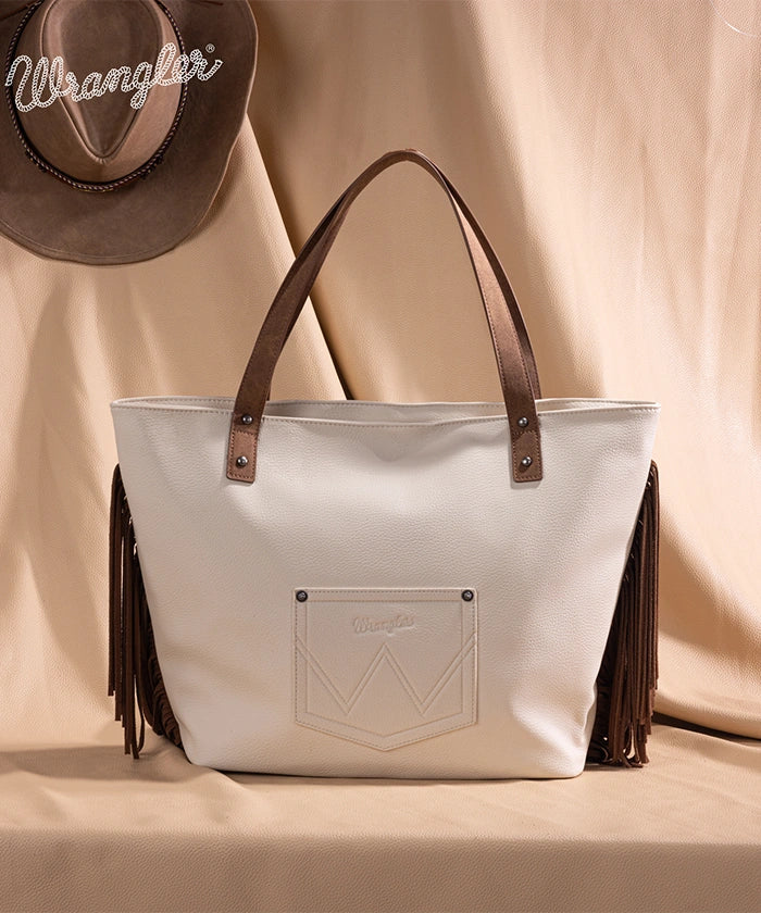 Wrangler Aztec Embroidered Fringe Wide Tote Bag for Women - Stylish Boho Shoulder Purse for Beach, Travel & Everyday Use