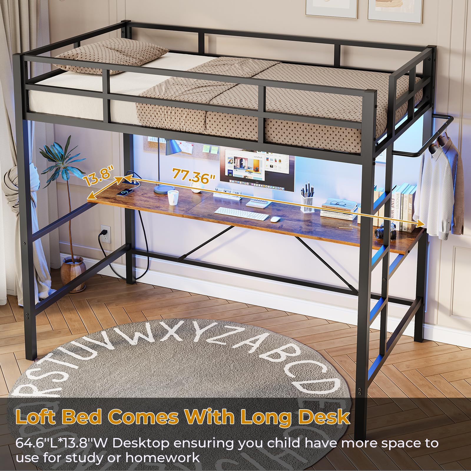 **Twin Loft Bed with Desk & Charging Station - Metal Bunk Bed Frame with LED Lights, Safety Guardrail & Stair - Space-Saving Black Platform Bed for Kids & Teens - Perfect for Small Bedrooms, Dorms & Studio Apartments**