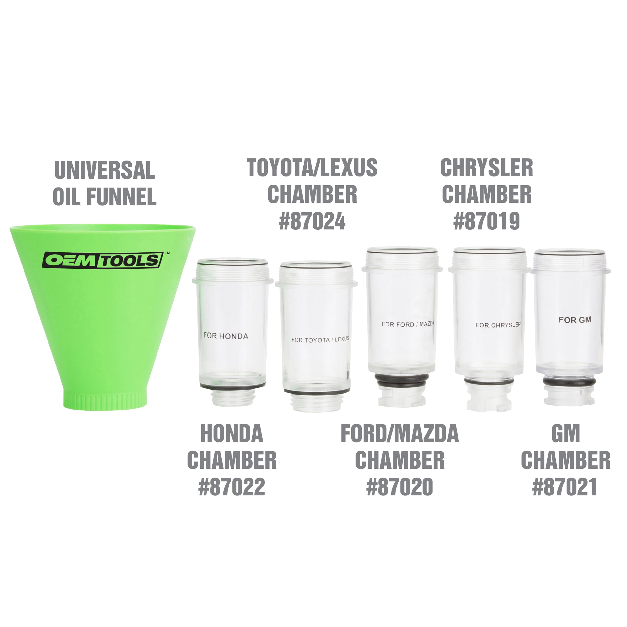 OEMTOOLS 87039 Universal Spill-Free Coolant Funnel Kit - Clear No-Spill Funnel Chamber with 8 Attachments for Car, Truck & Motorcycle Maintenance - Perfect for Oil Changes, Coolant Refills & Fluid Transfers