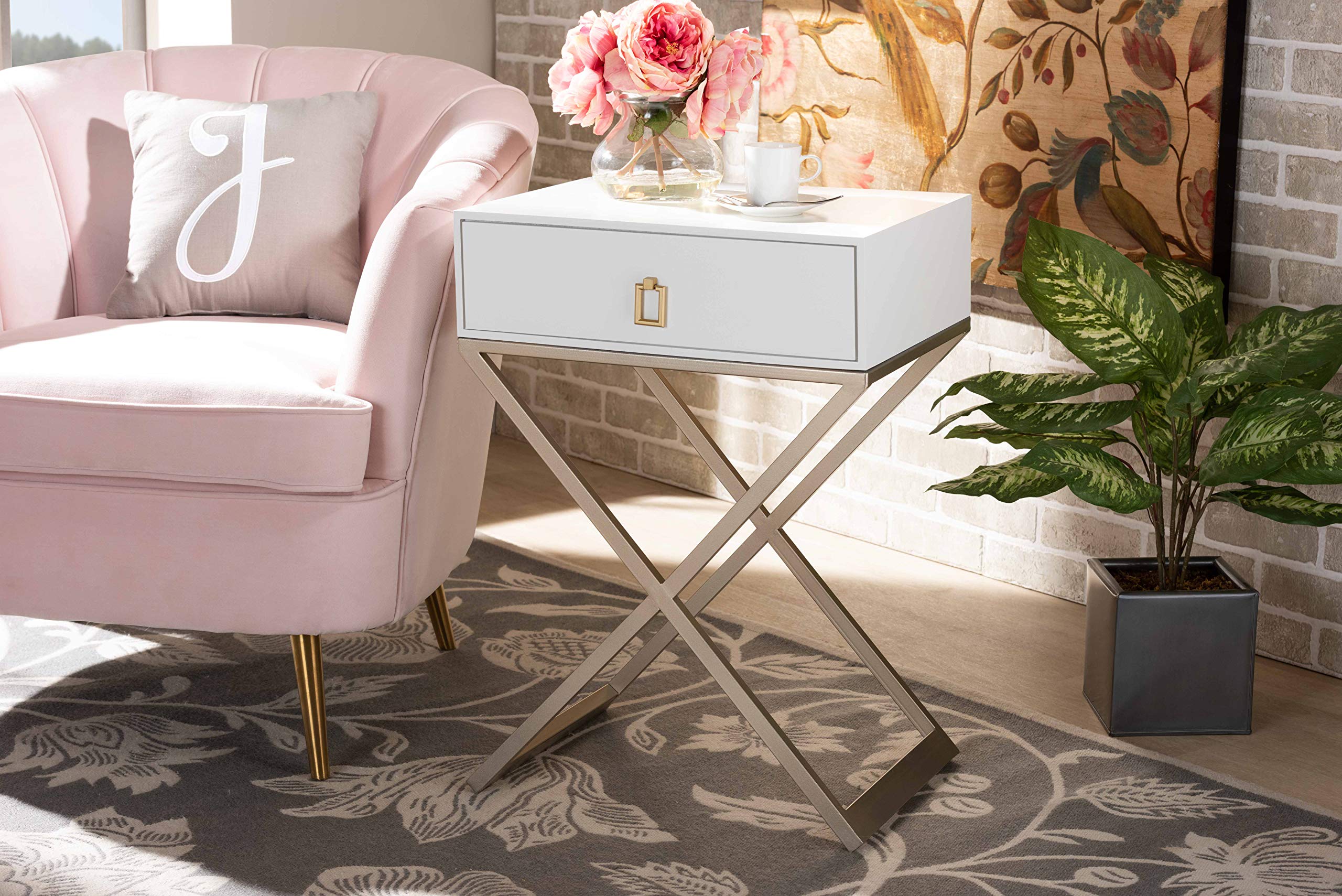 Baxton Studio Modern Nightstand - White, Brass & Gold Finish Bedside Table for Bedroom, Living Room & Guest Room - Stylish & Functional Storage Solution