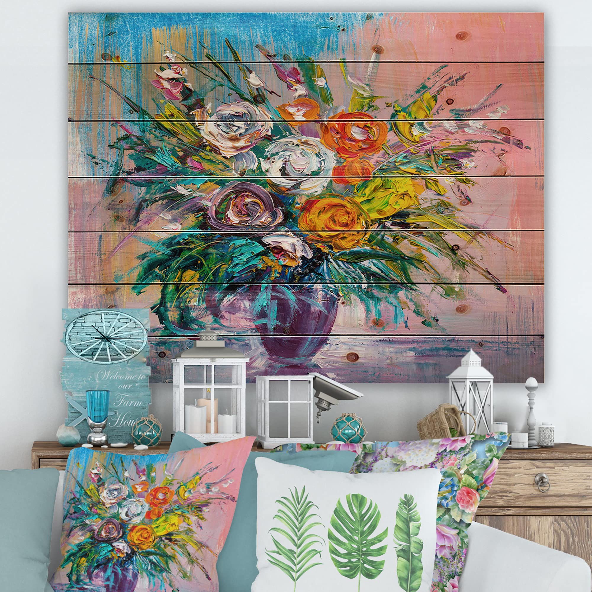 DesignQ Vibrant Floral Wood Wall Decor - Traditional Large Floral Wall Art Panel Printed on Natural Pine Wood - Perfect for Living Room, Bedroom & Home Office Decor
