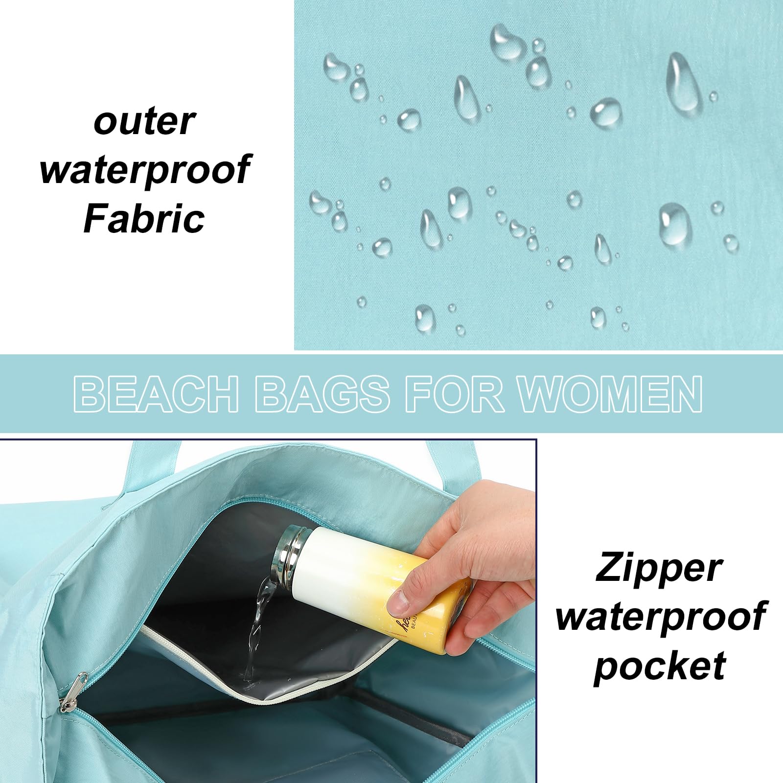 Waterproof & Sandproof Beach Tote Bag for Women - Large Zippered Pool Bag with Wet Pocket - Perfect for Gym, Grocery Shopping, Travel & Beach Days
