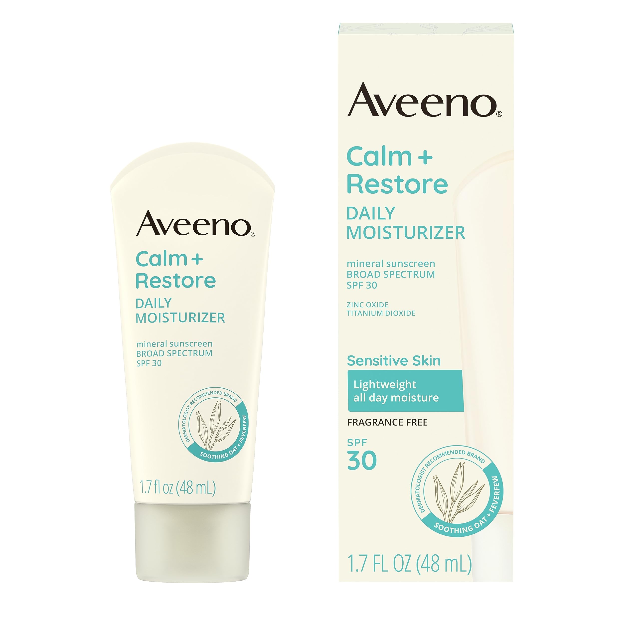 Aveeno Calm + Restore Daily Moisturizer with SPF 30 Mineral Sunscreen | Broad Spectrum UVA/UVB Protection | Lightweight Hydration for Sensitive Skin | Fragrance Free | 1.7 fl. Oz | Perfect for Daily Skincare & Outdoor Activities