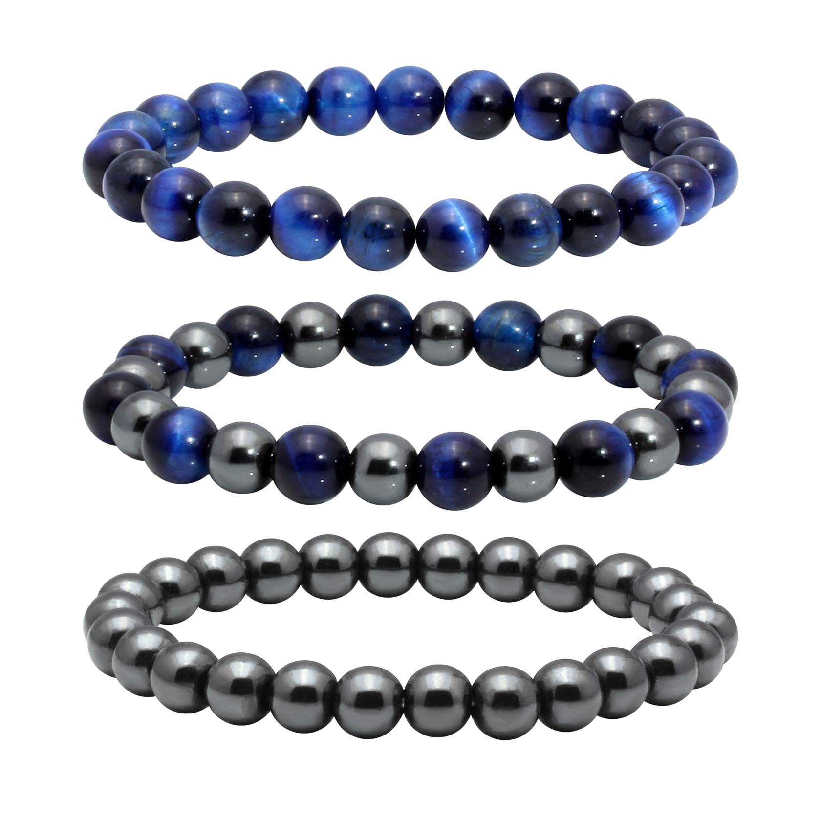 MILAKOO 3Pcs Blue Tiger Eye Stretch Bracelet Set for Men & Women - Natural Stone Hematite Cuff Wristband for Healing, Protection & Positive Energy - Perfect for Yoga, Meditation & Everyday Wear