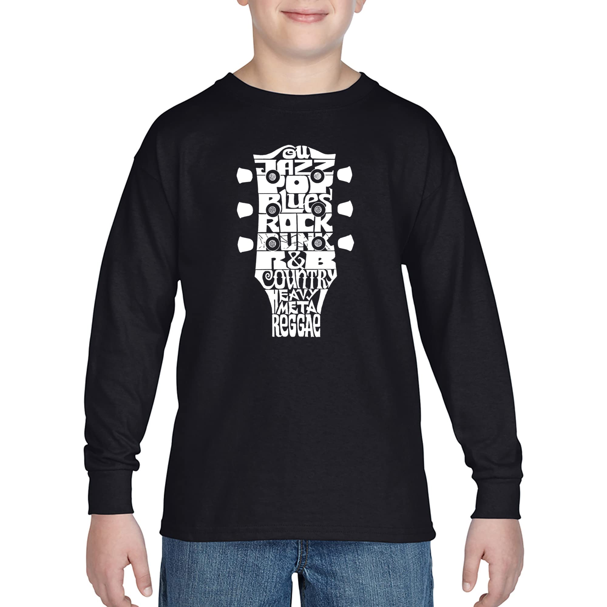 LA POP ART Boys' Word Art Long Sleeve T-Shirt - Guitar Music Genres Graphic Tee for Kids & Teens | Rock Band Concert Outfit & Casual Wear