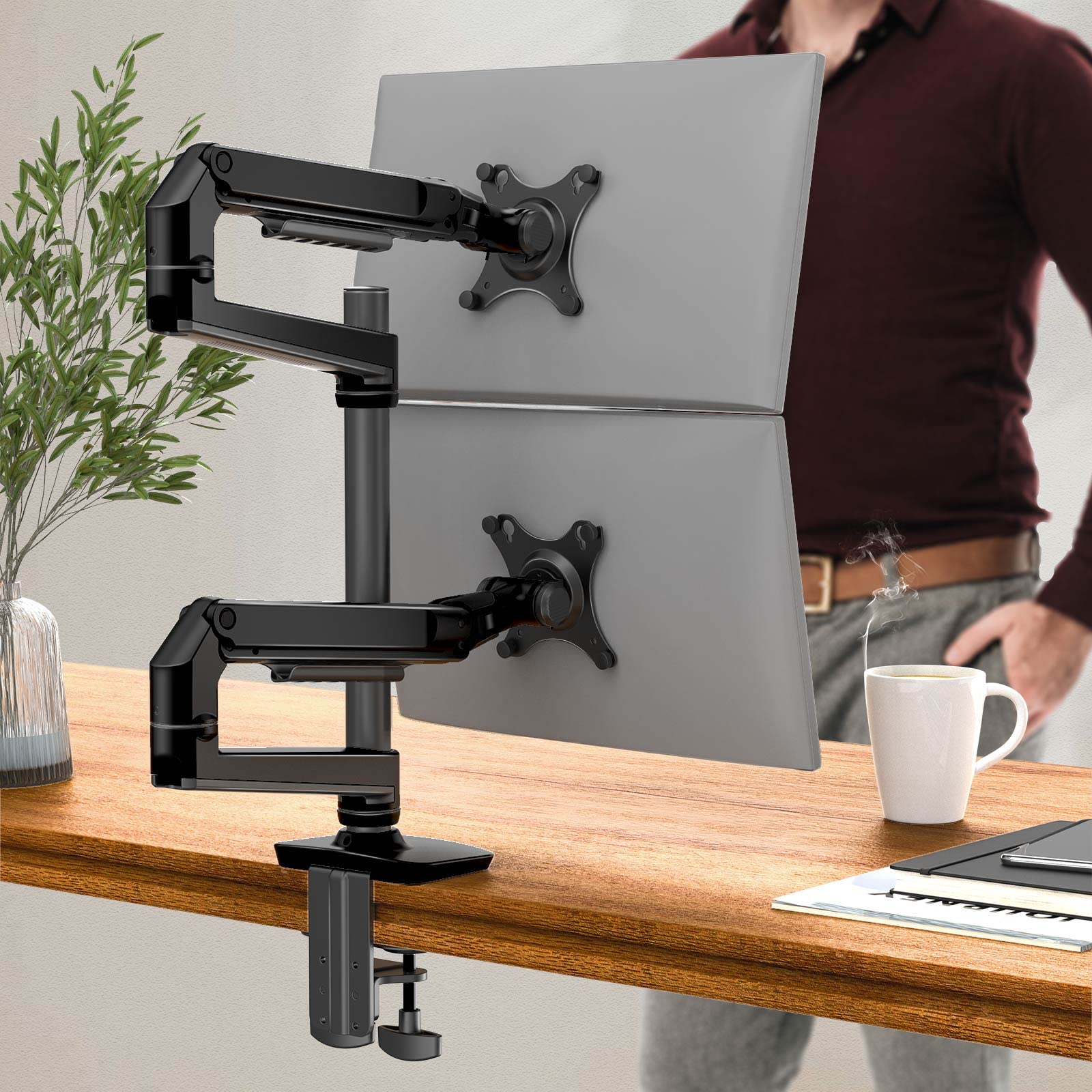 Dual Monitor Stand for 40 Inch Screens up to 25 lbs - Fully Adjustable Aluminum Monitor Arm with C-Clamp & Grommet Base - Black - Perfect for Home Office, Gaming Setup & Workstation Ergonomics